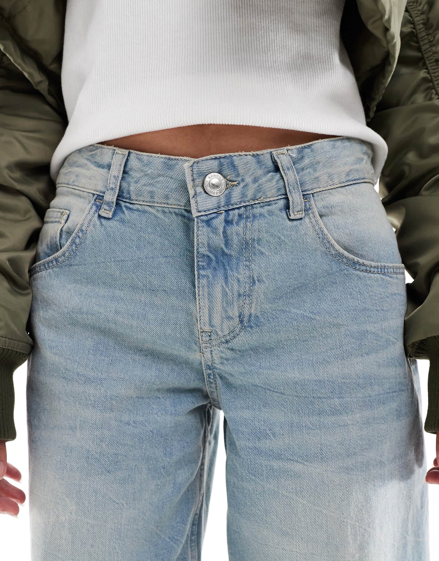 Bershka Petite wide leg baggy jeans in dirty mid blue wash