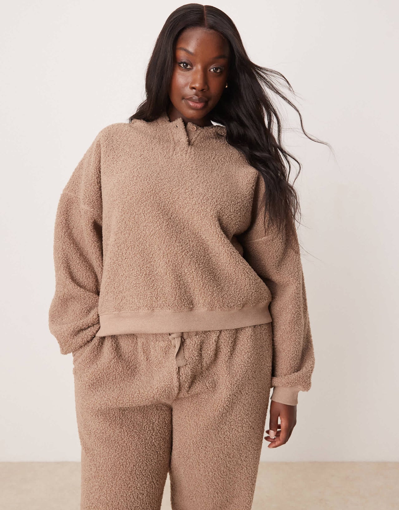 ASOS DESIGN Curve lounge borg oversized hoodie & jogger set in taupe