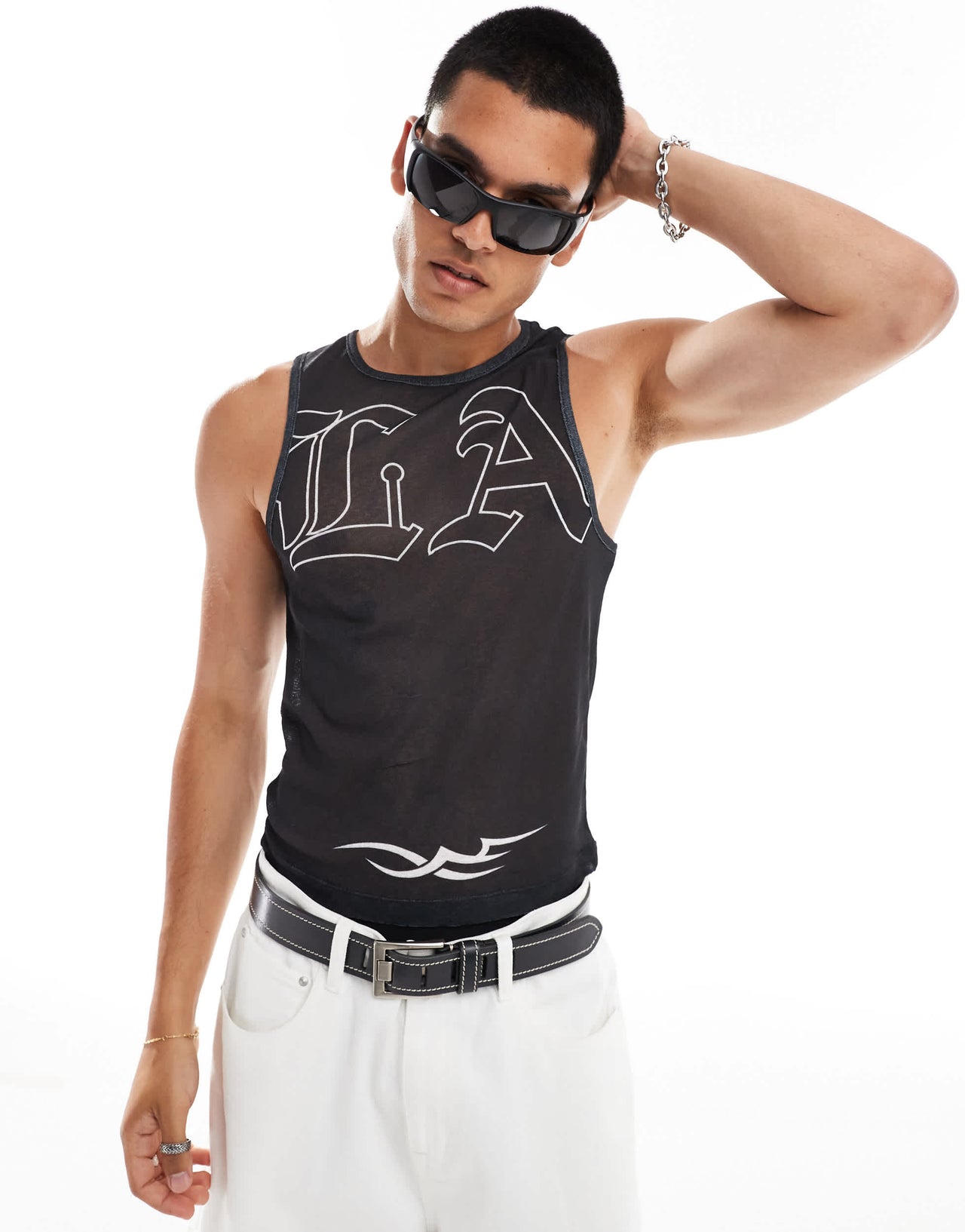 COLLUSION textured mesh vest with print in black