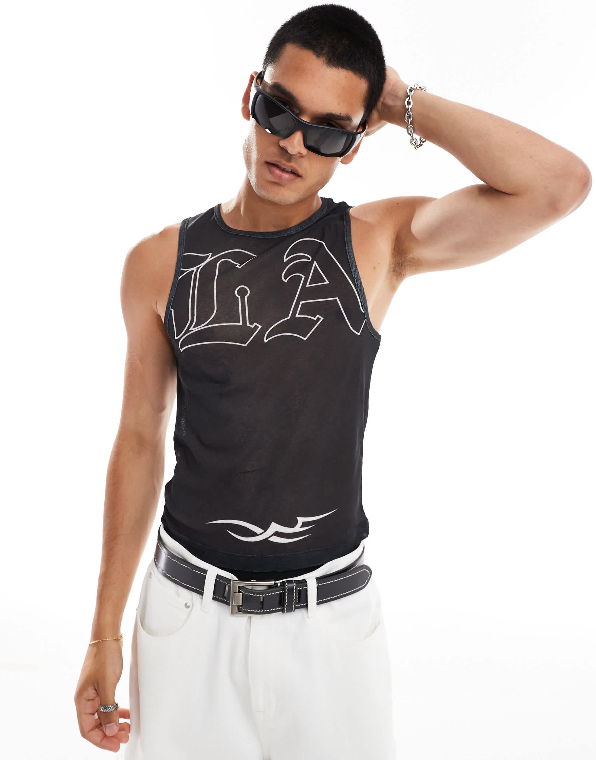 COLLUSION textured mesh vest with print in black