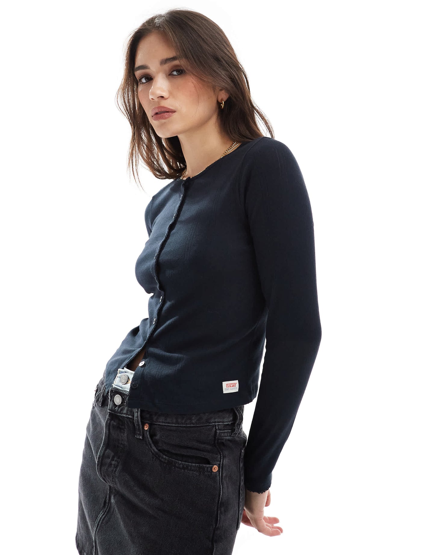 Levi's pointelle long sleeve button front top in black