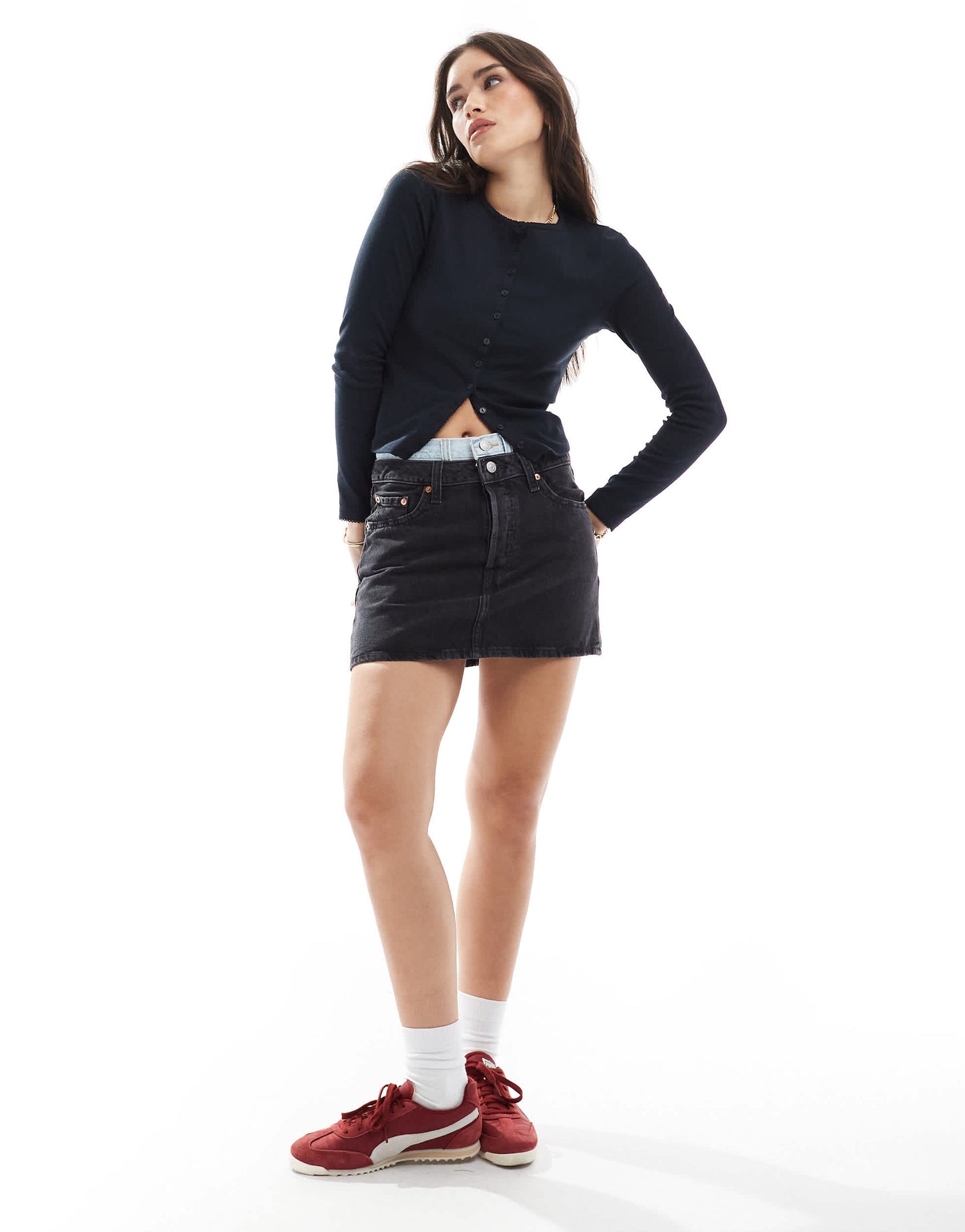 Levi's pointelle long sleeve button front top in black