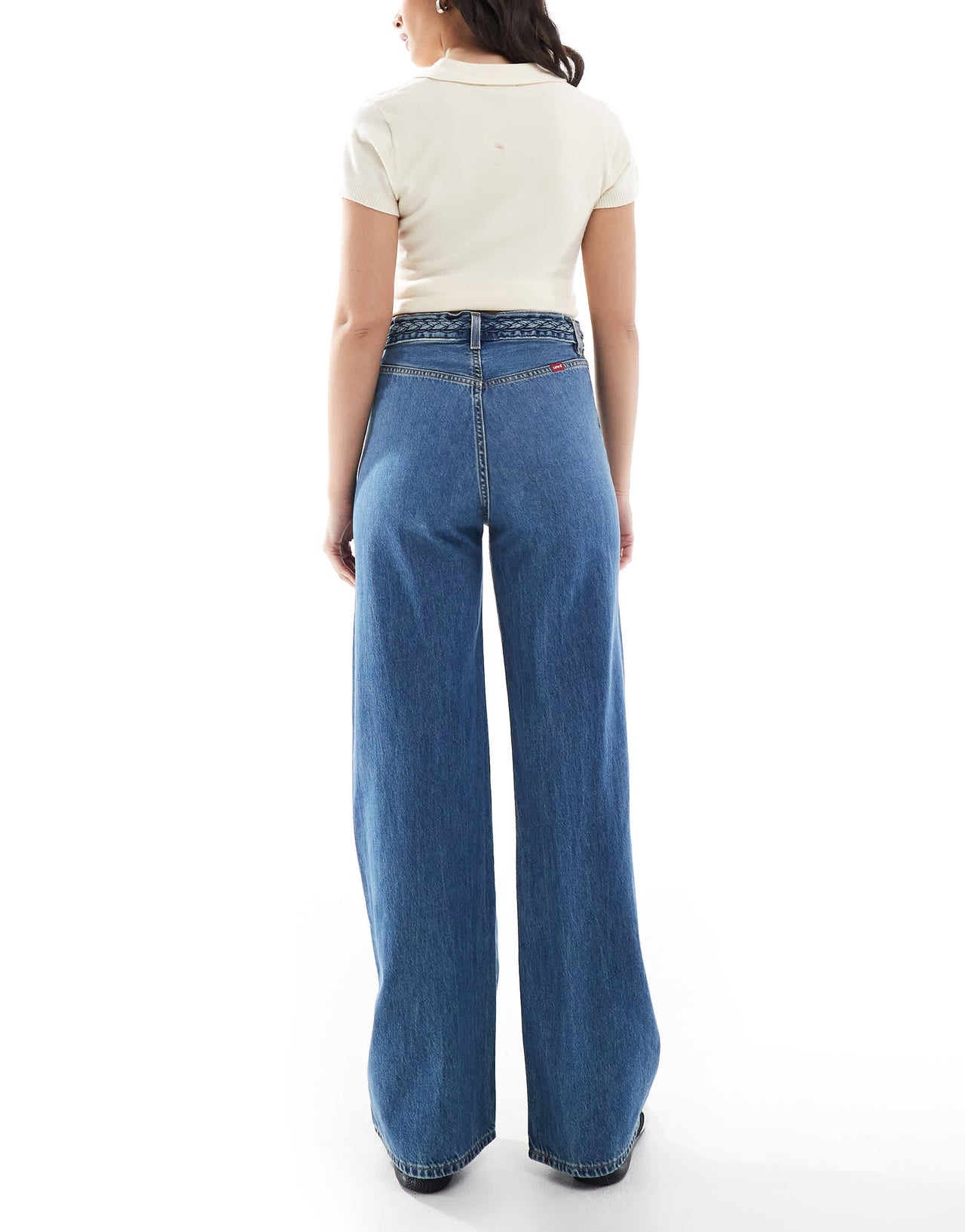 Levi's ribcage high rise wide leg braided jeans in mid blue