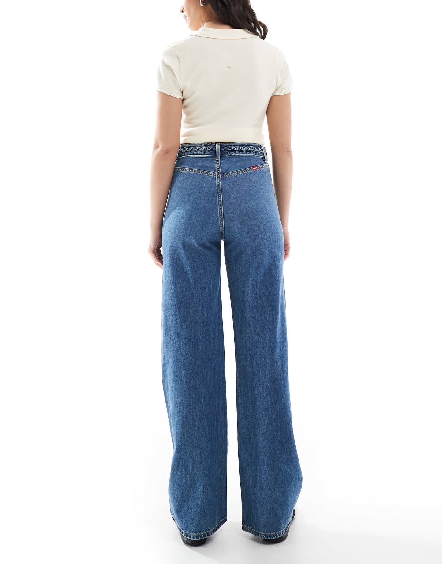 Levi's ribcage high rise wide leg braided jeans in mid blue