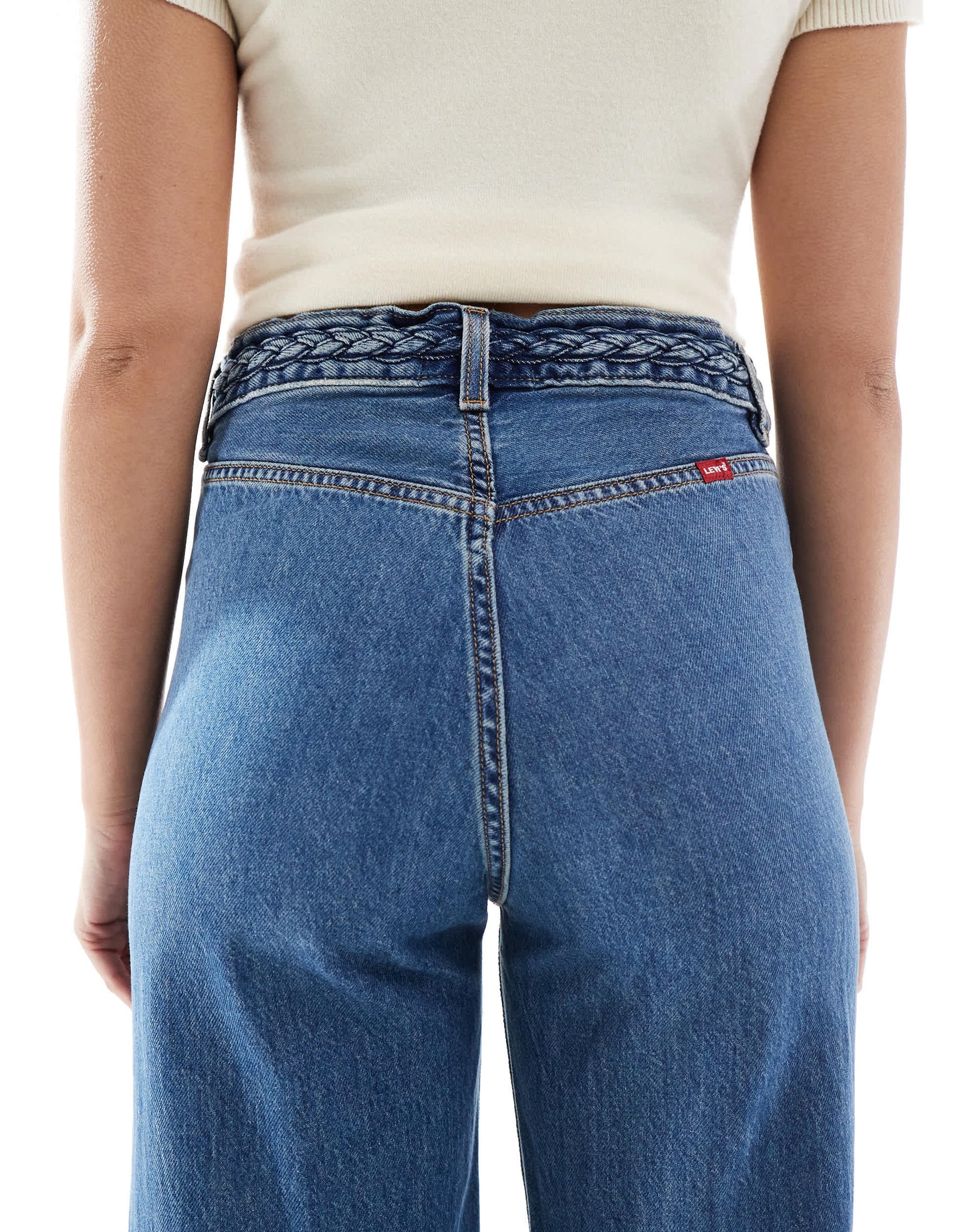 Levi's ribcage high rise wide leg braided jeans in mid blue