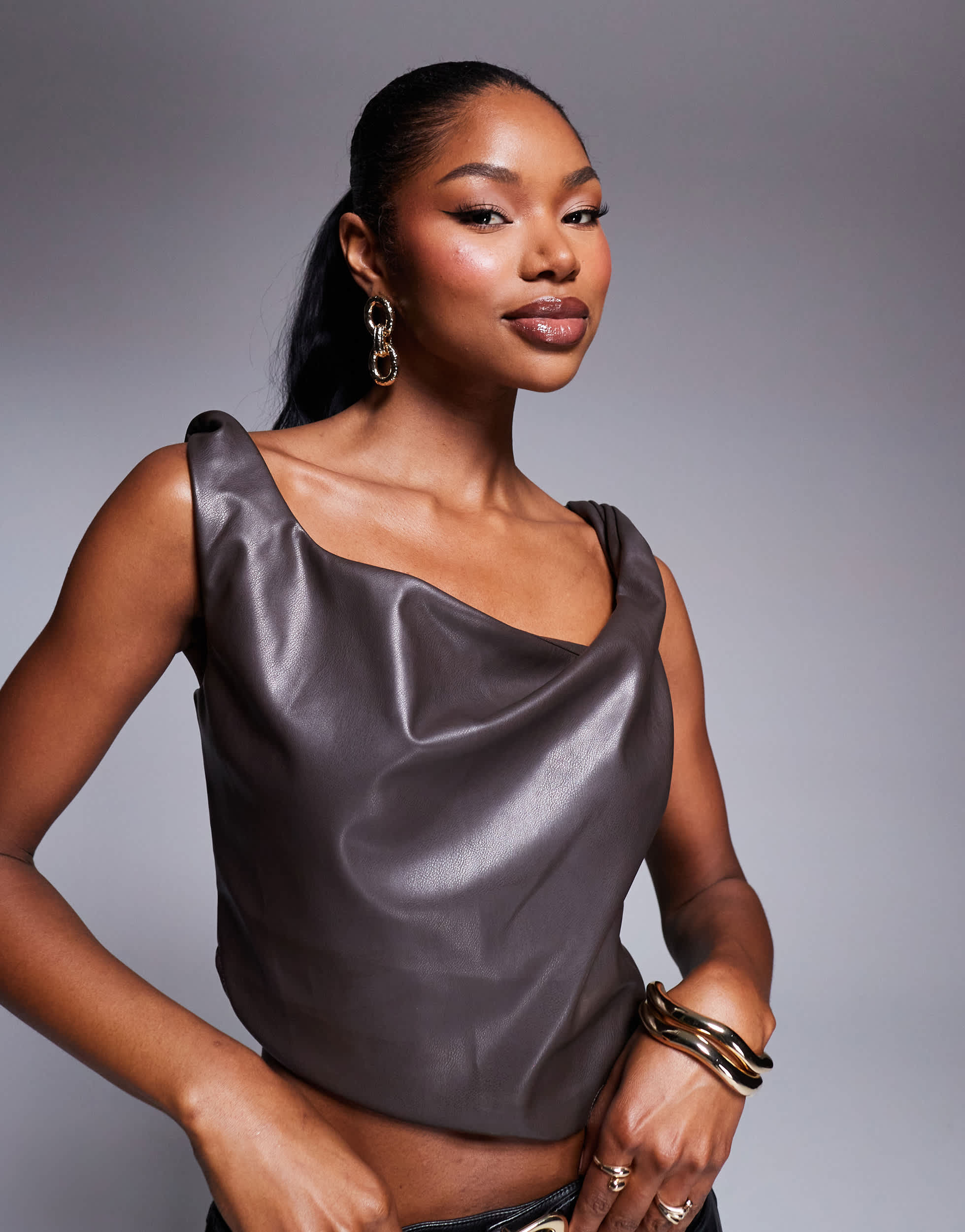 ASOS DESIGN leather look drape cami in chocolate