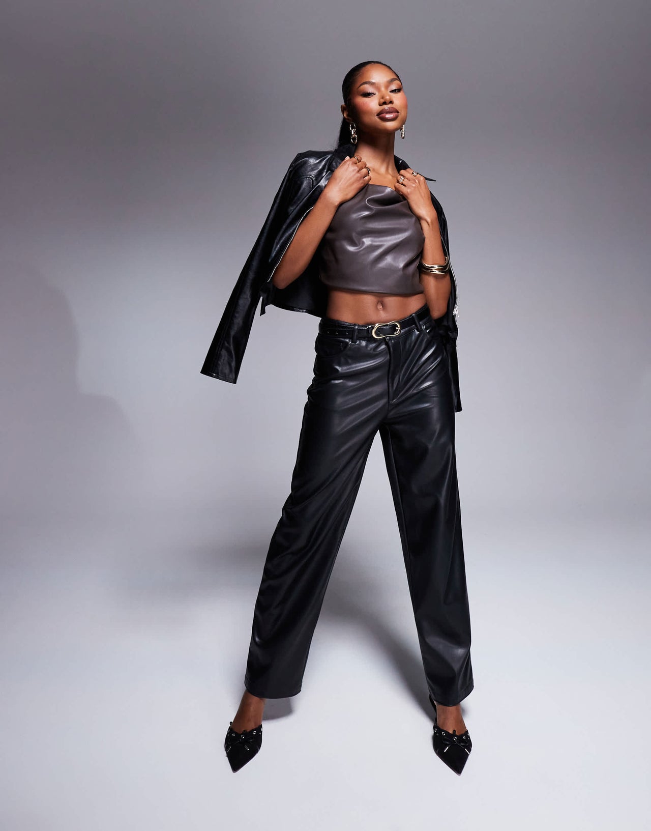 ASOS DESIGN leather look drape cami in chocolate