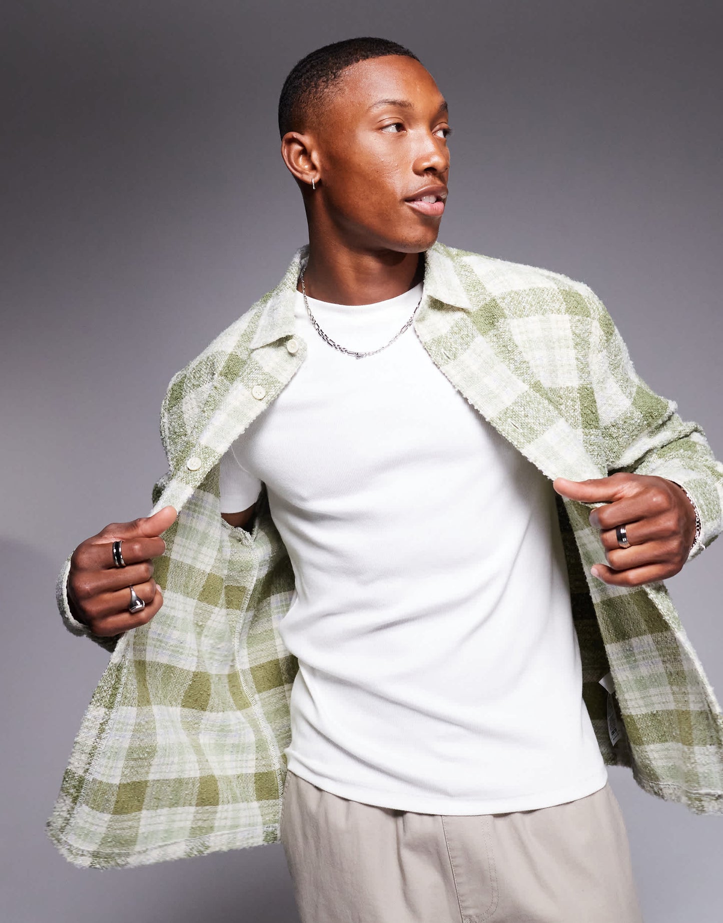 ASOS DESIGN boxy wool look shirt in sage check