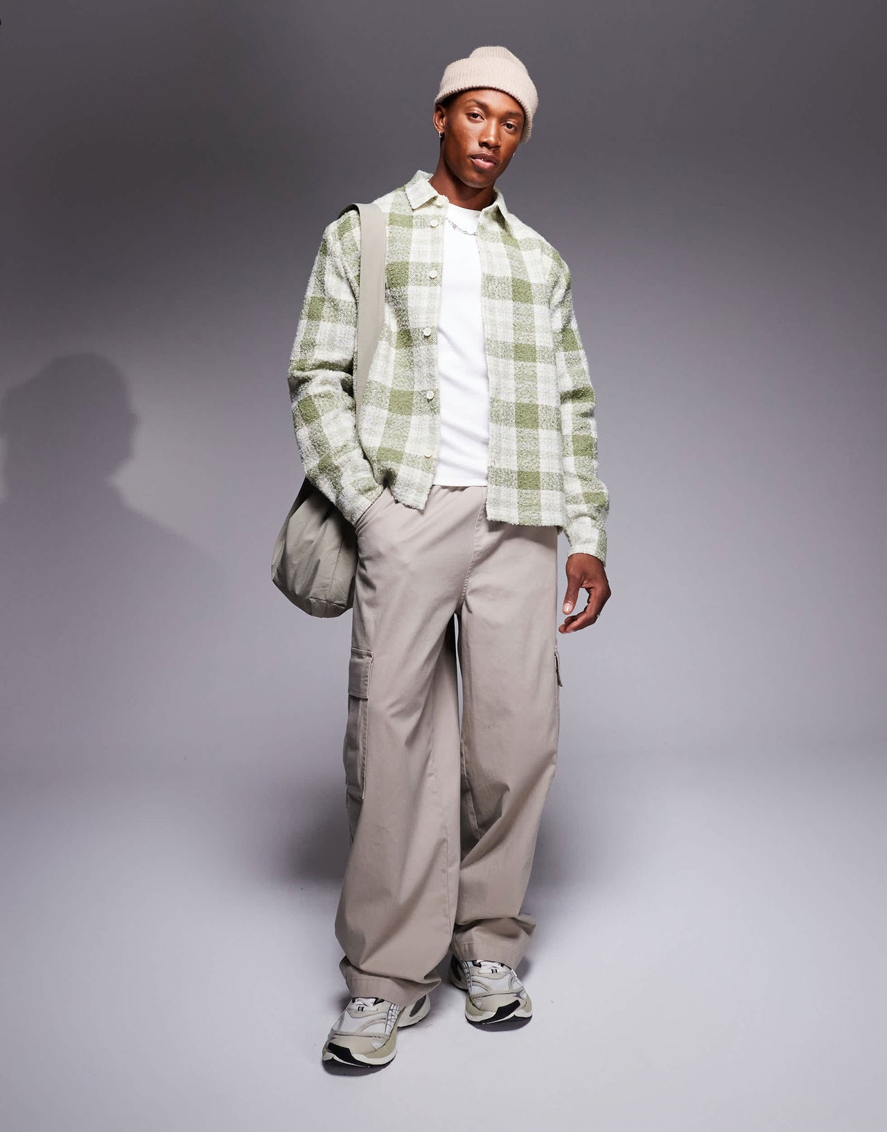 ASOS DESIGN boxy wool look shirt in sage check