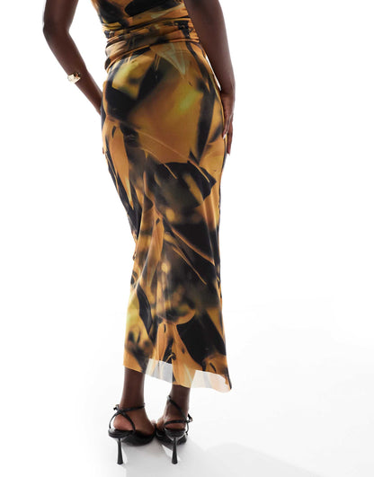 River Island floral mesh midi skirt co-ord in yellow