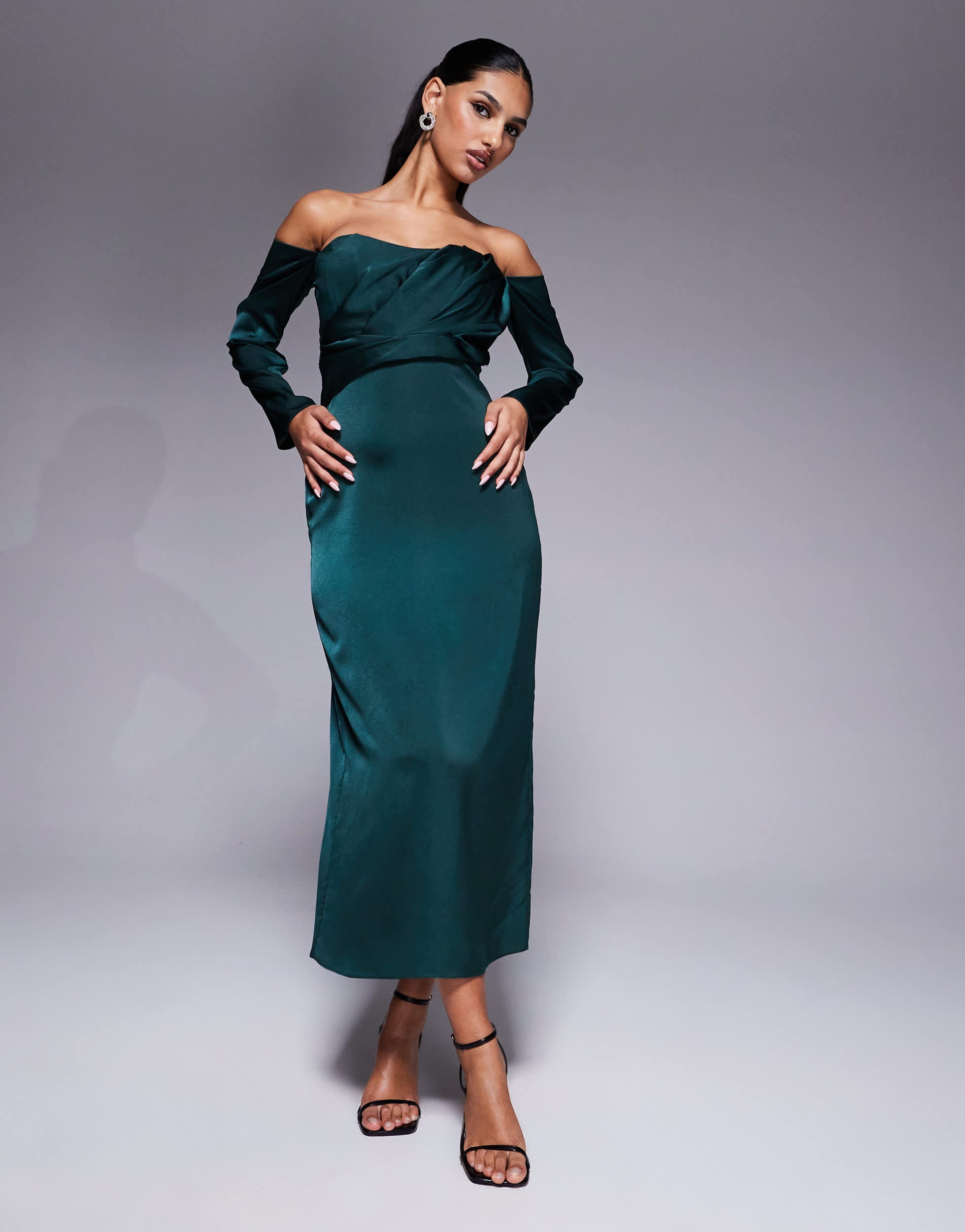 ASOS DESIGN satin sweetheart bardot long sleeve midi dress in forest green