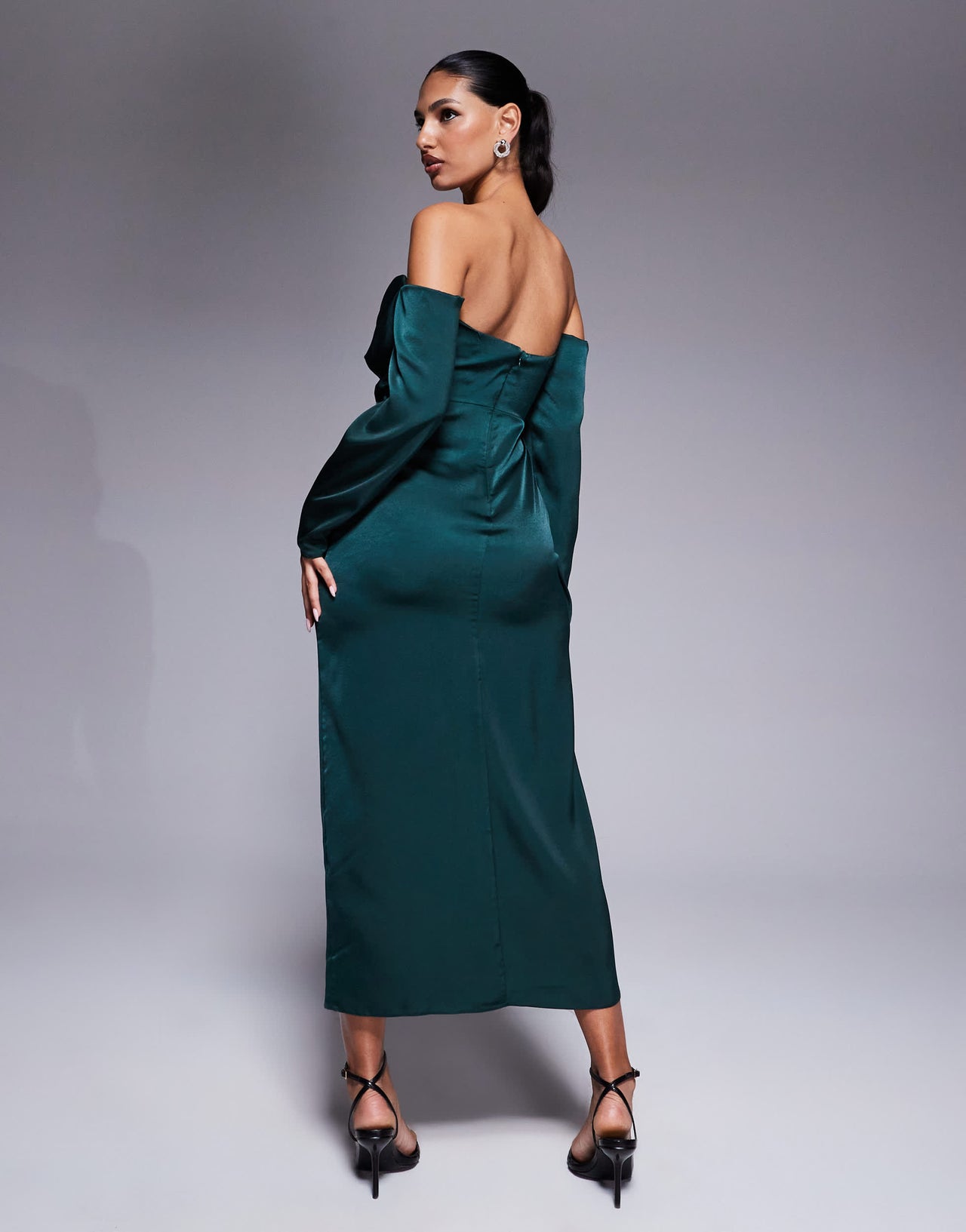 ASOS DESIGN satin sweetheart bardot long sleeve midi dress in forest green