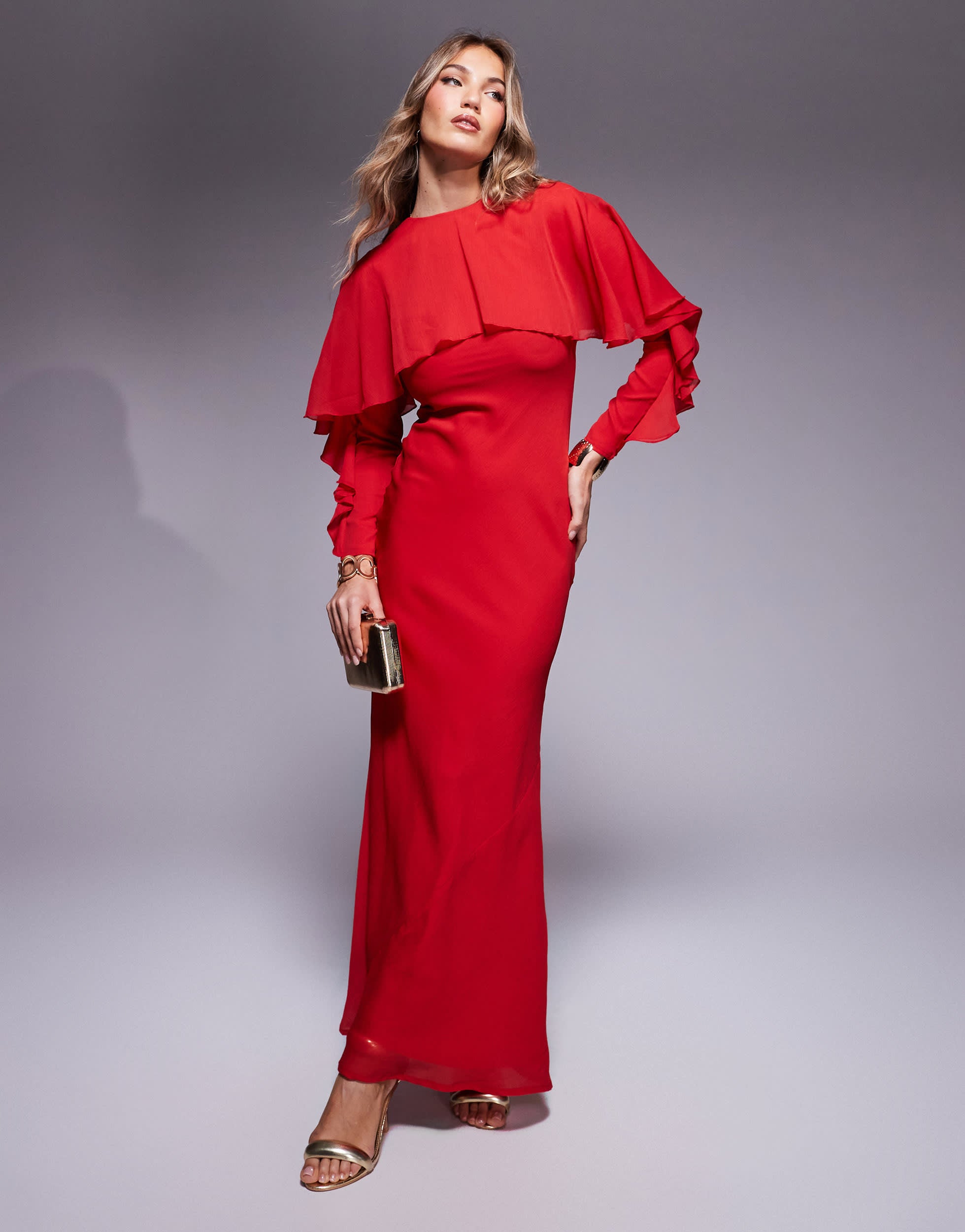 ASOS DESIGN long sleeve ruffle bias maxi dress with cape detail in red