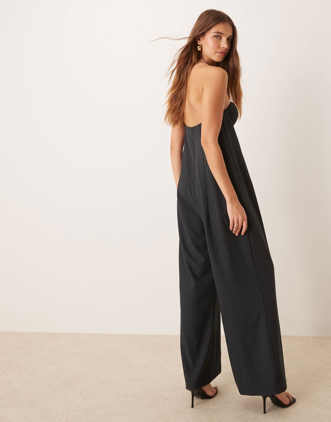 ASOS DESIGN bandeau pleated bust wide leg jumpsuit in grey pinstripe
