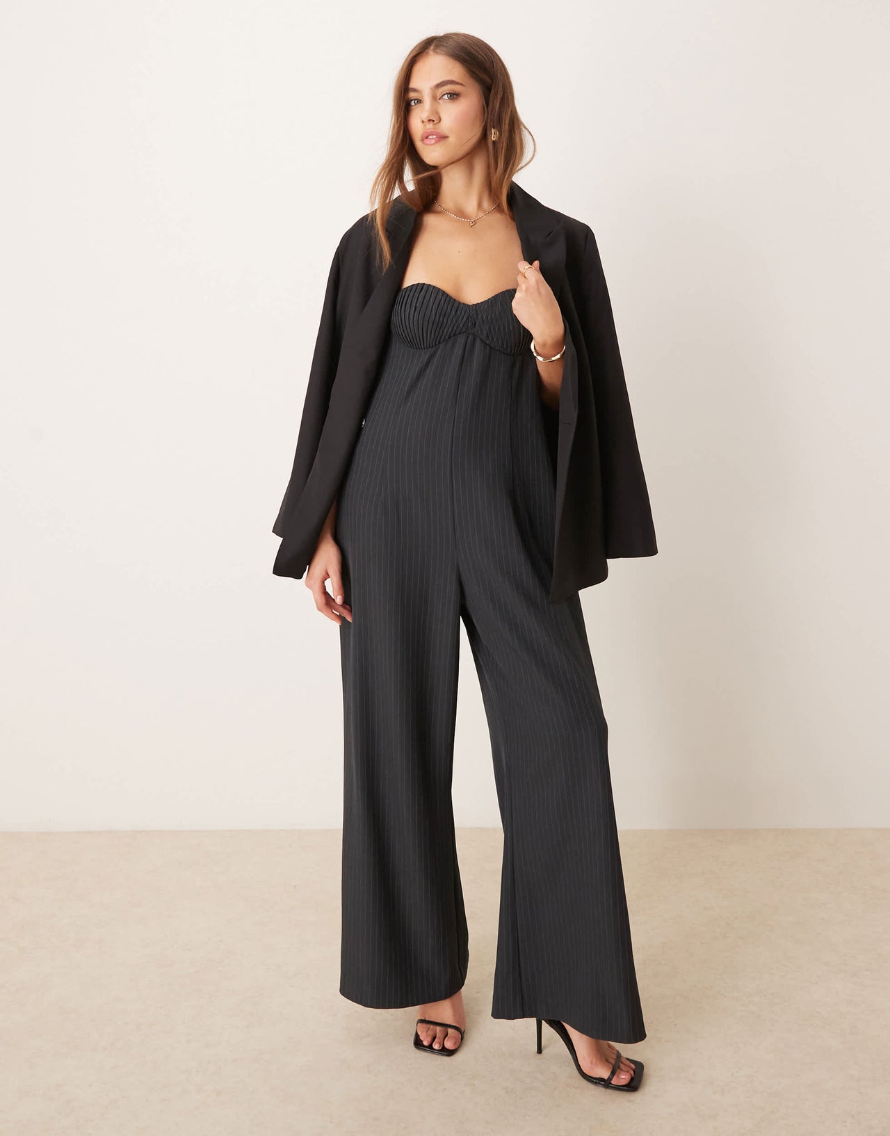 ASOS DESIGN bandeau pleated bust wide leg jumpsuit in grey pinstripe