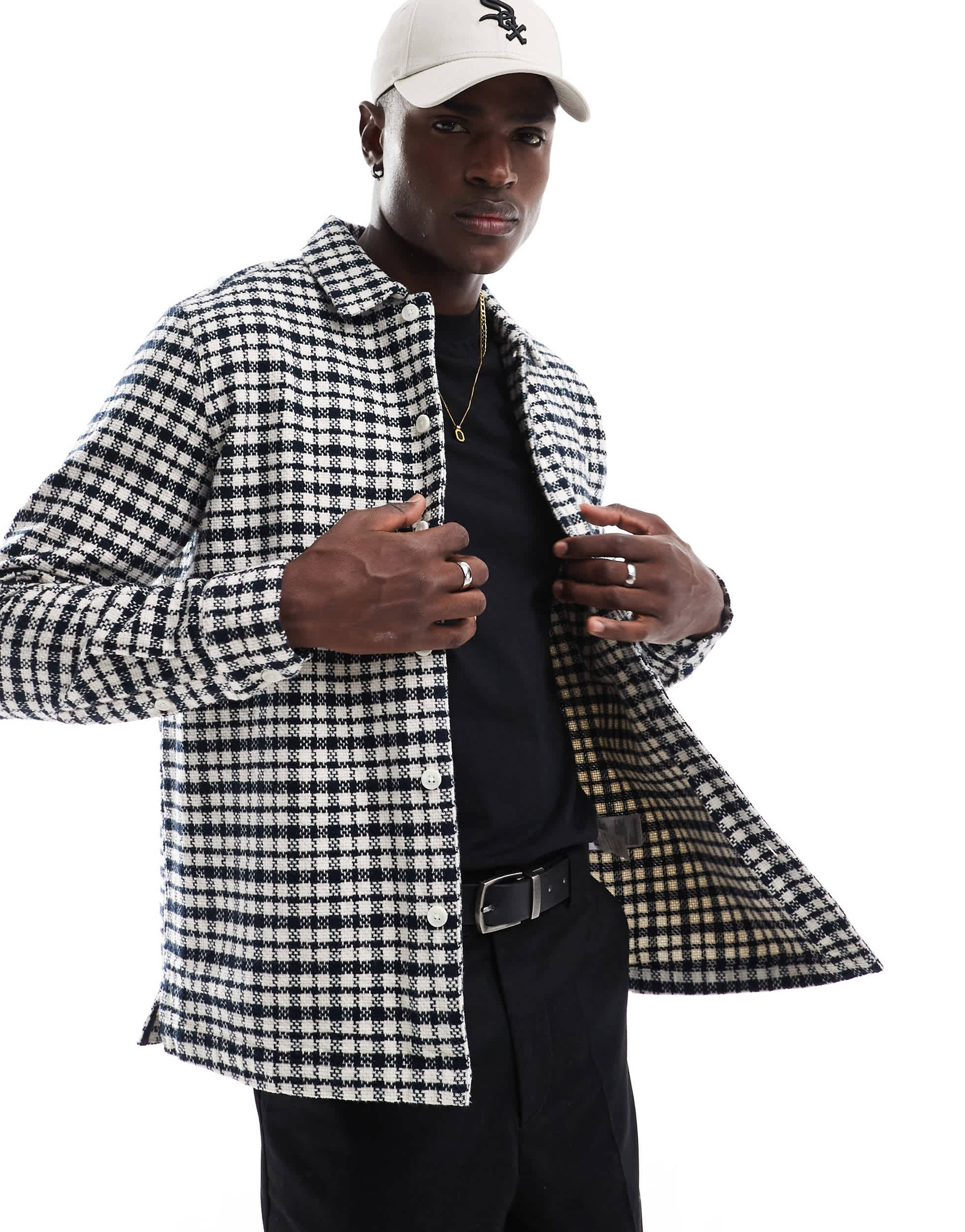 Farah Thawley check shacket in khaki navy