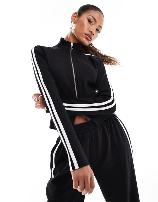 Kaiia ribbed zip up stripe sleeve jumper co-ord in black