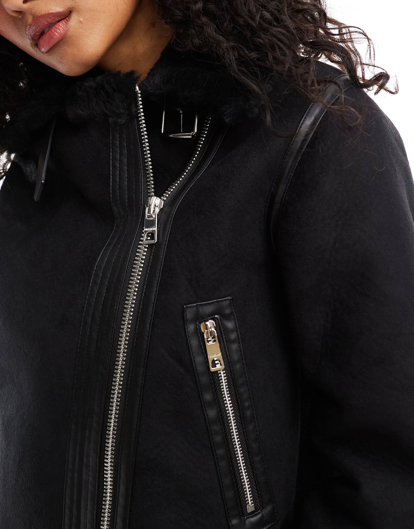 Pull&Bear faux fur trim aviator jacket in black