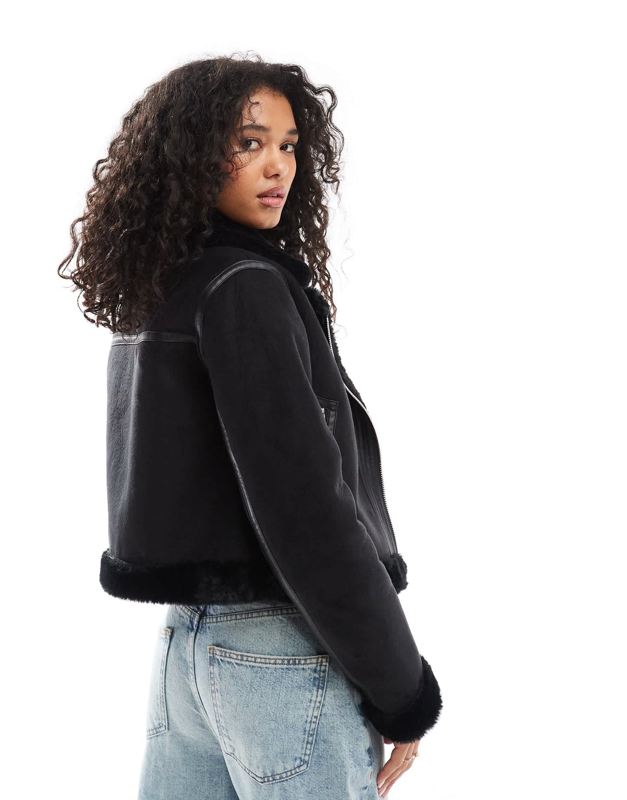 Pull&Bear faux fur trim aviator jacket in black