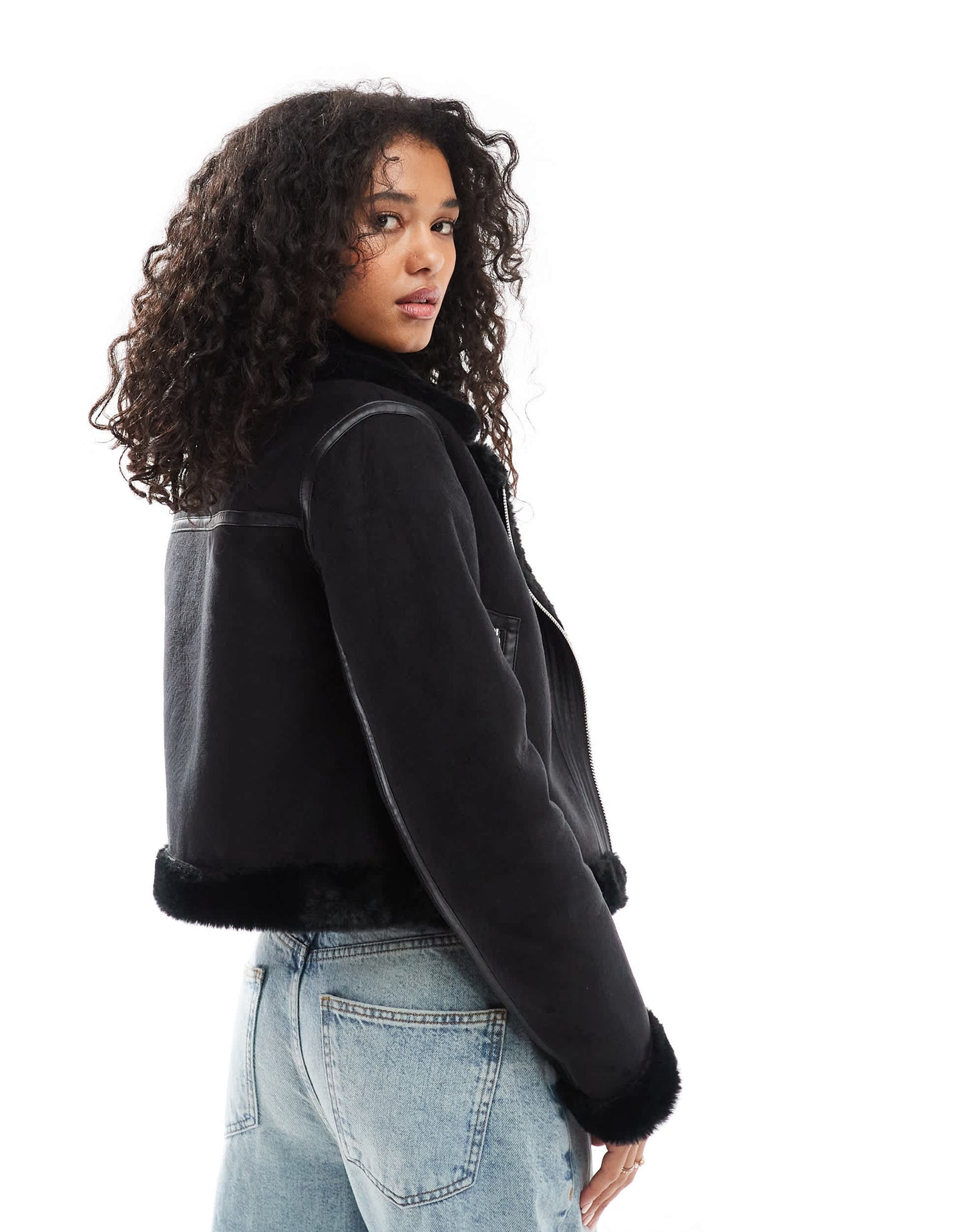 Pull&Bear faux fur trim aviator jacket in black