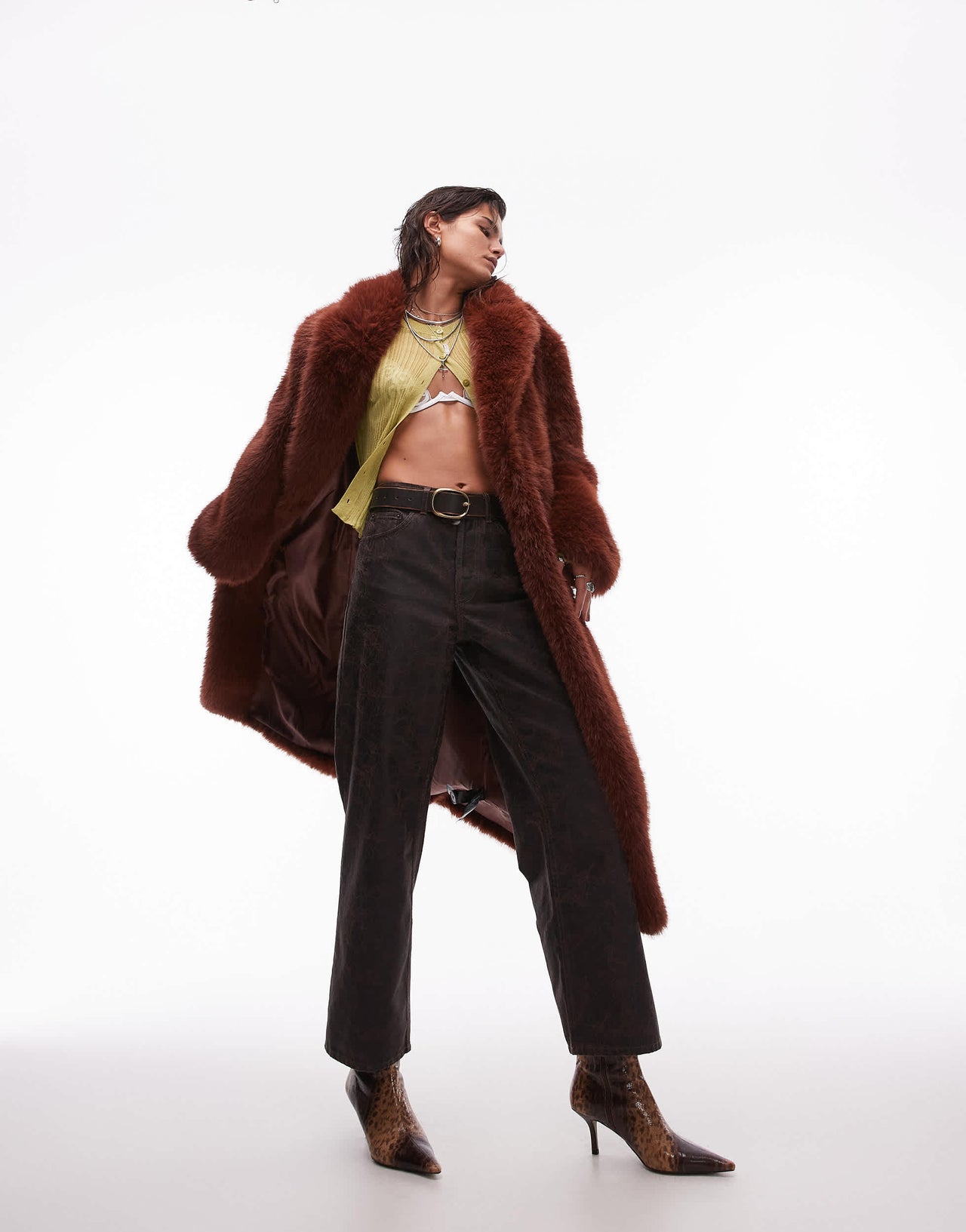 Topshop mid rise loose fit straight jean in brown crackle