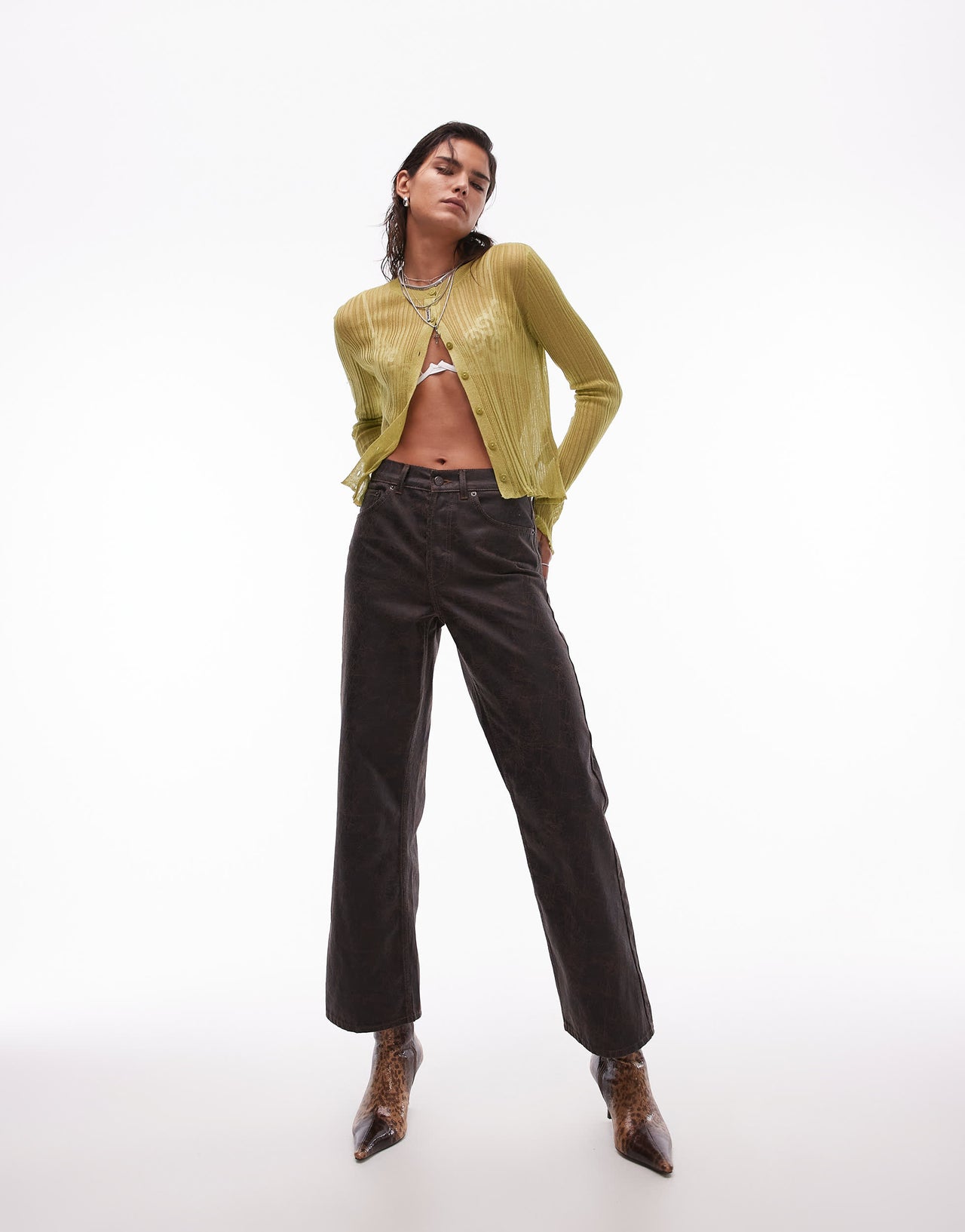 Topshop mid rise loose fit straight jean in brown crackle