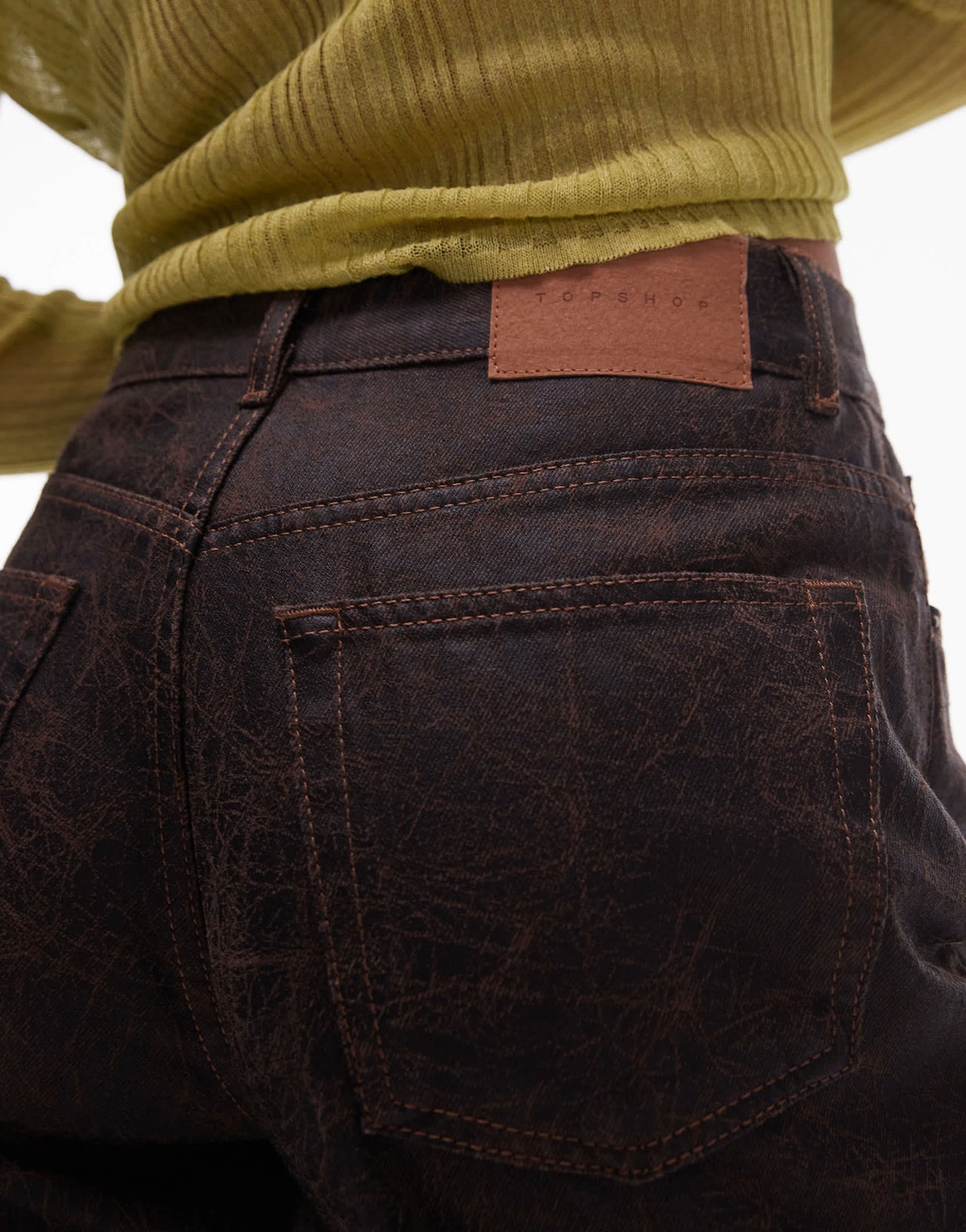 Topshop mid rise loose fit straight jean in brown crackle