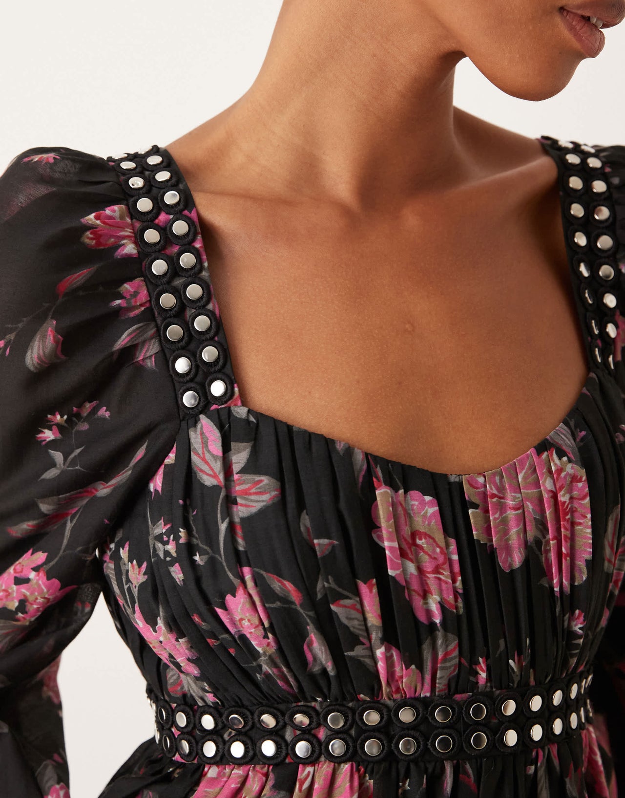 ASOS DESIGN stud trim babydoll mini dress in floral print