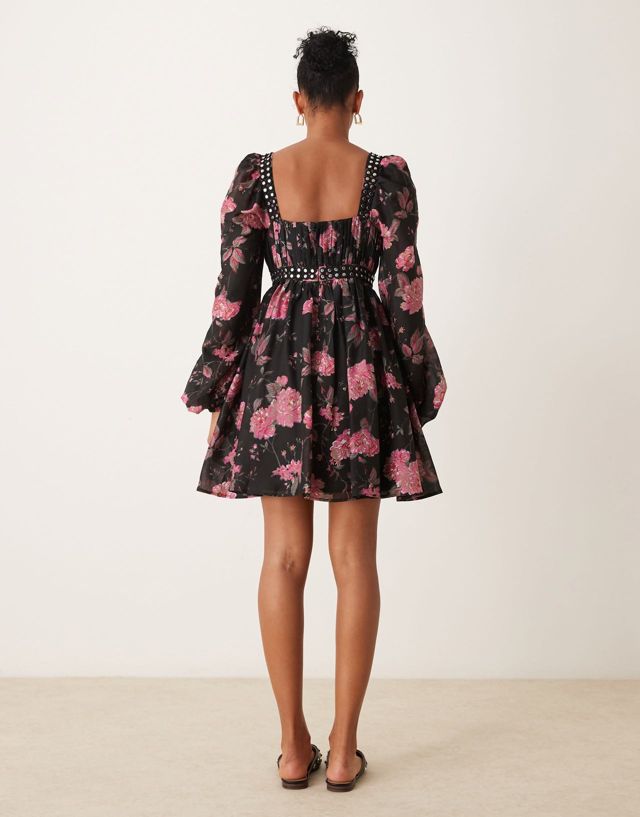 ASOS DESIGN stud trim babydoll mini dress in floral print