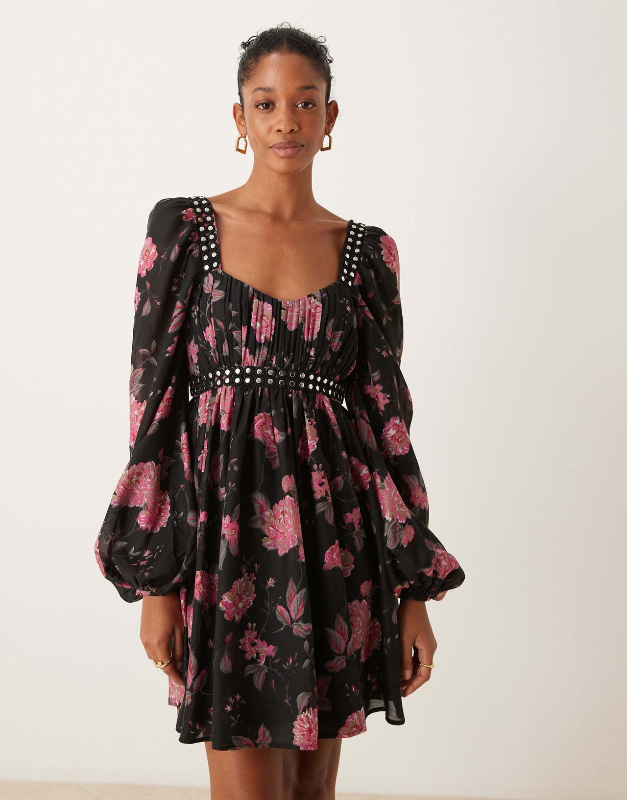 ASOS DESIGN stud trim babydoll mini dress in floral print