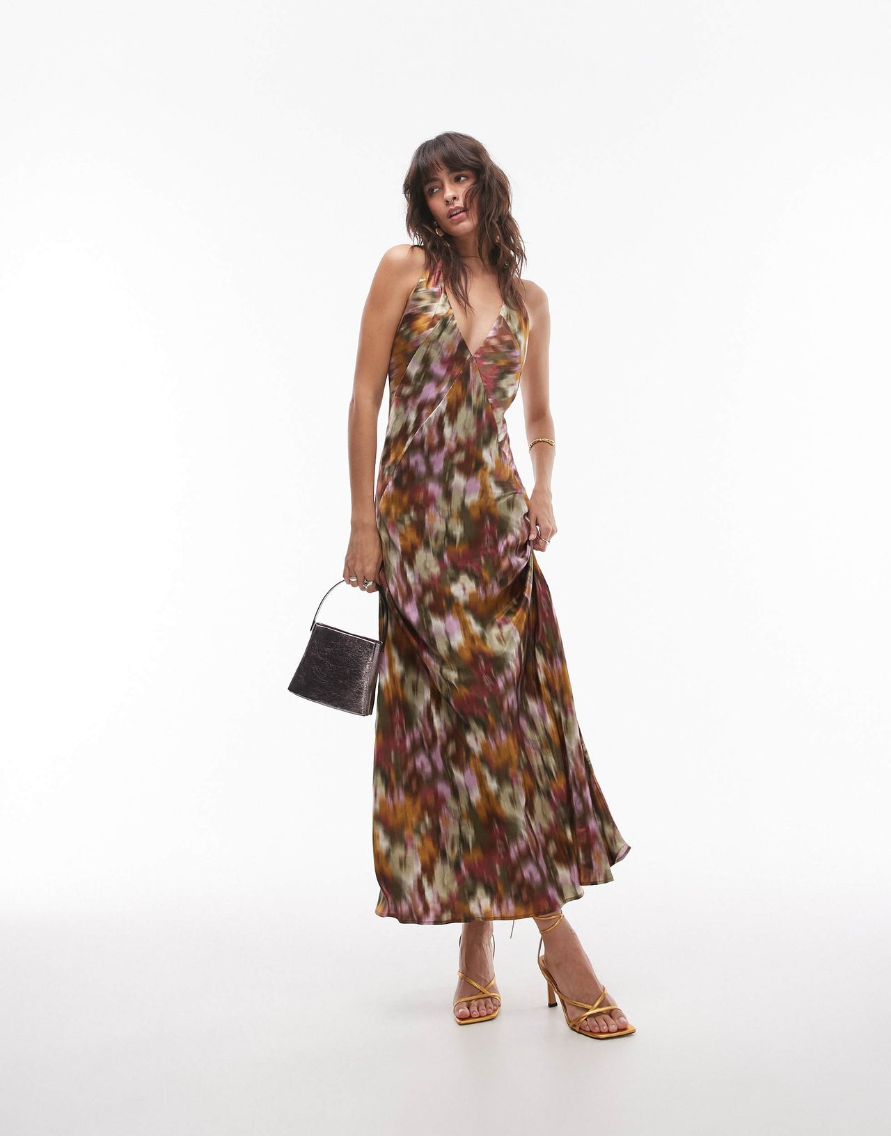 Topshop deep v open back midi dress in blurred floral