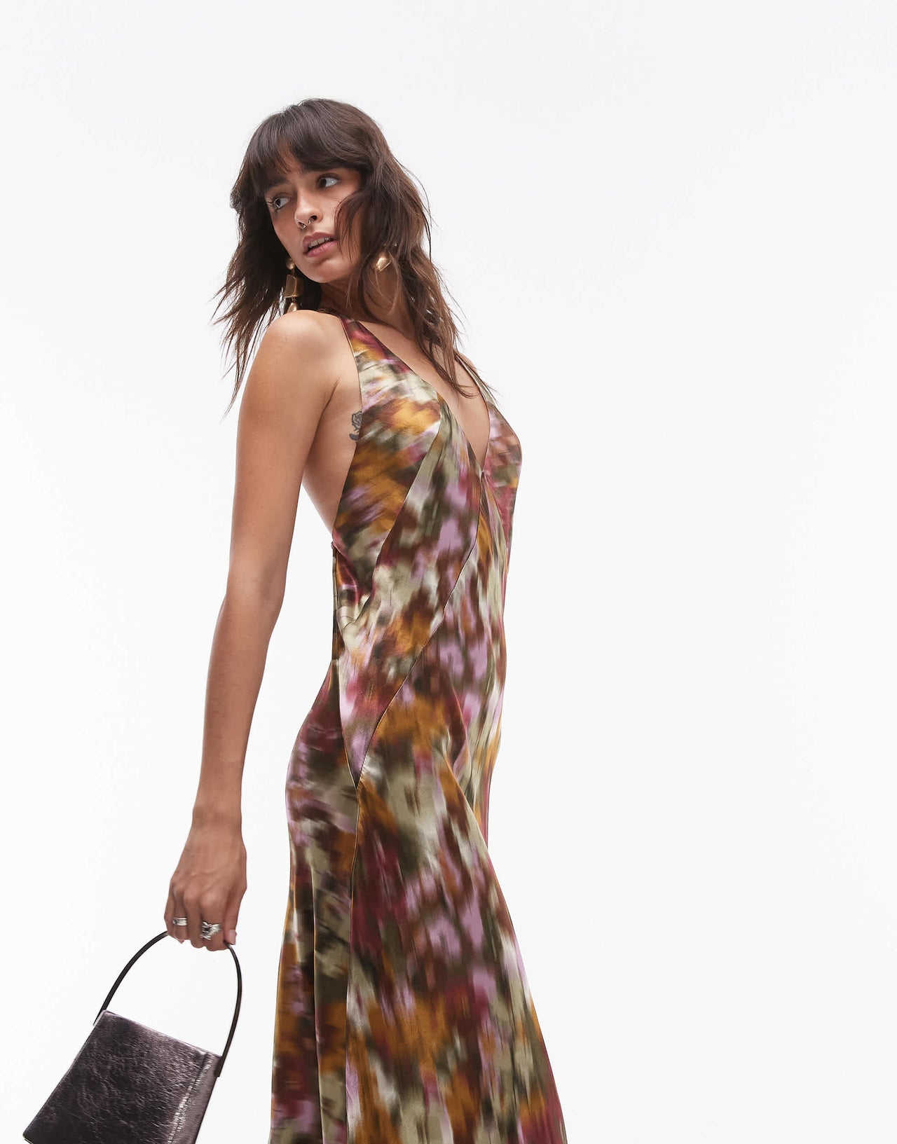 Topshop deep v open back midi dress in blurred floral