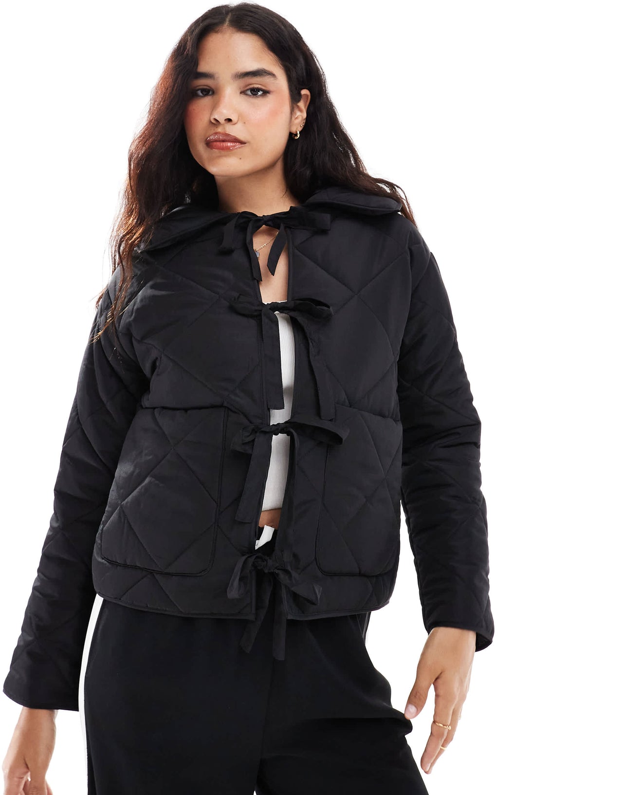 Cotton On quilted jacket with bows in black