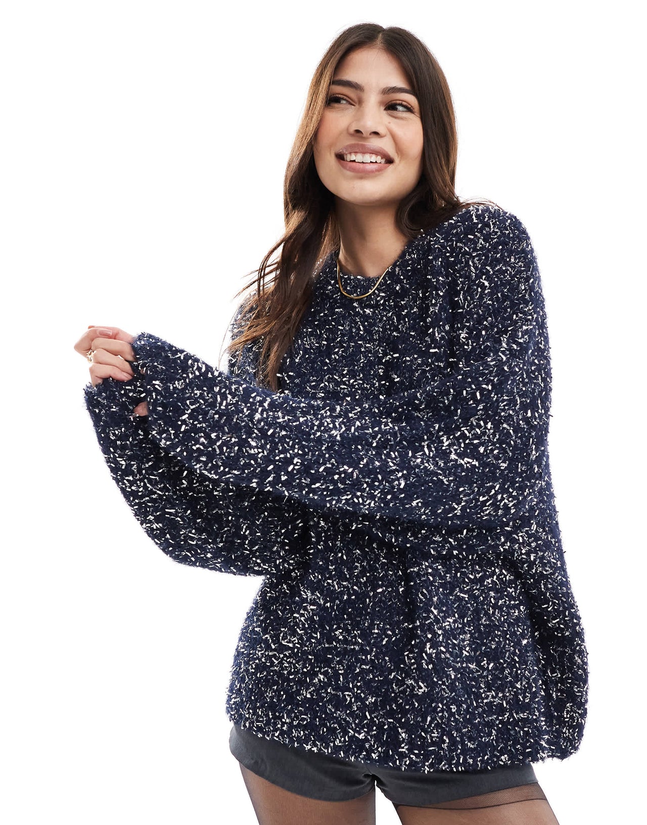 ASOS DESIGN oversized Christmas jumper with tinsel yarn in navy