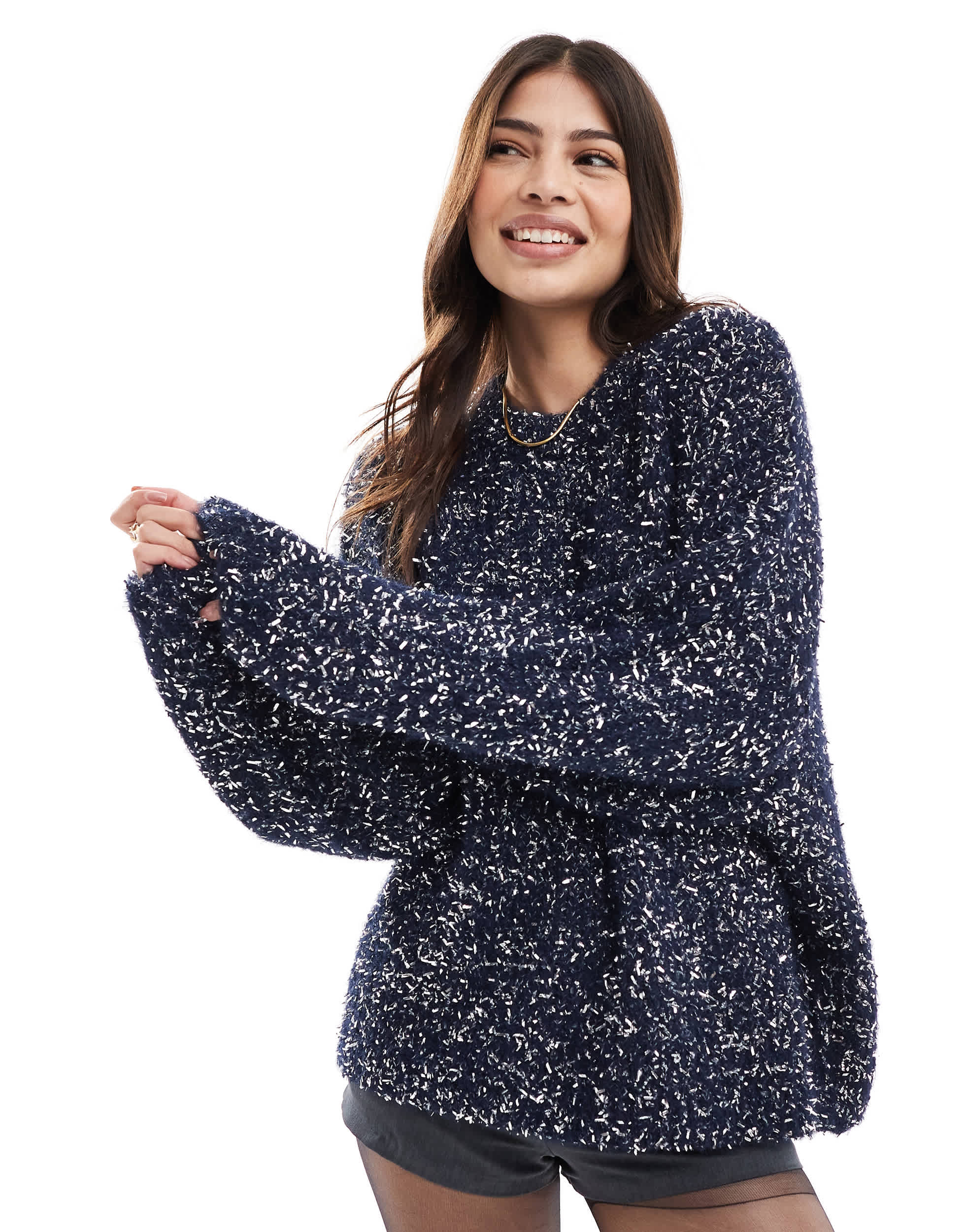 ASOS DESIGN oversized Christmas jumper with tinsel yarn in navy