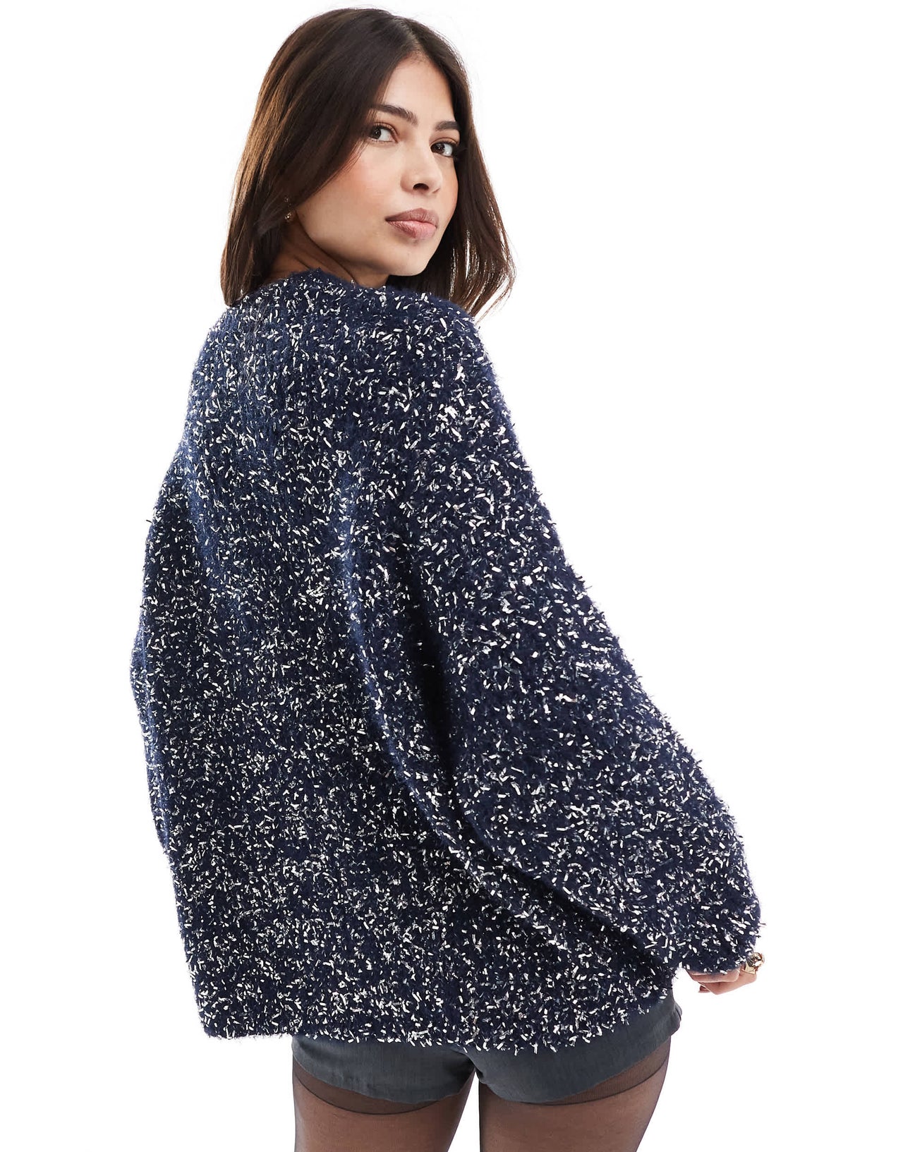 ASOS DESIGN oversized Christmas jumper with tinsel yarn in navy