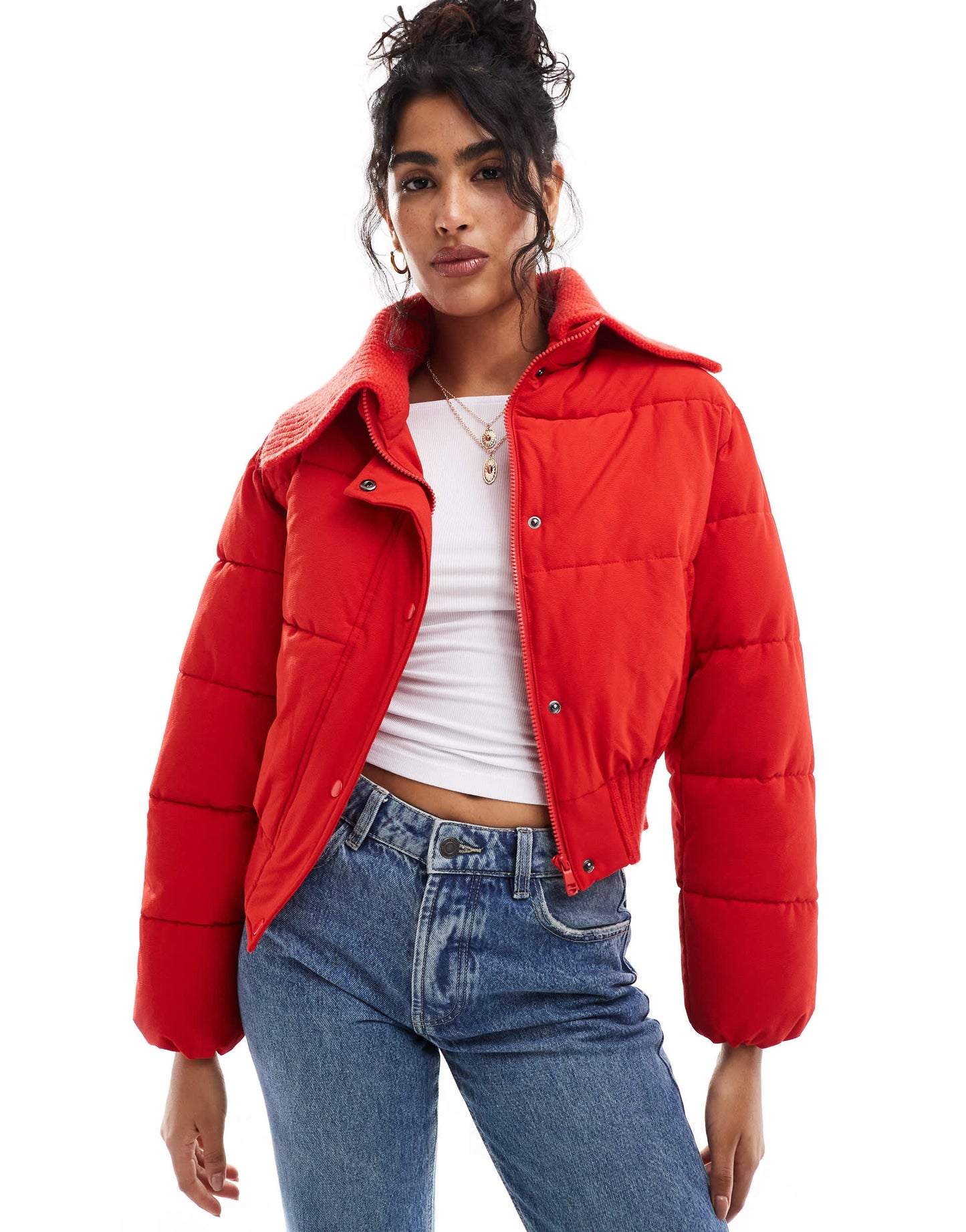 Cotton On puffer jacket with knitted collar in crimson red
