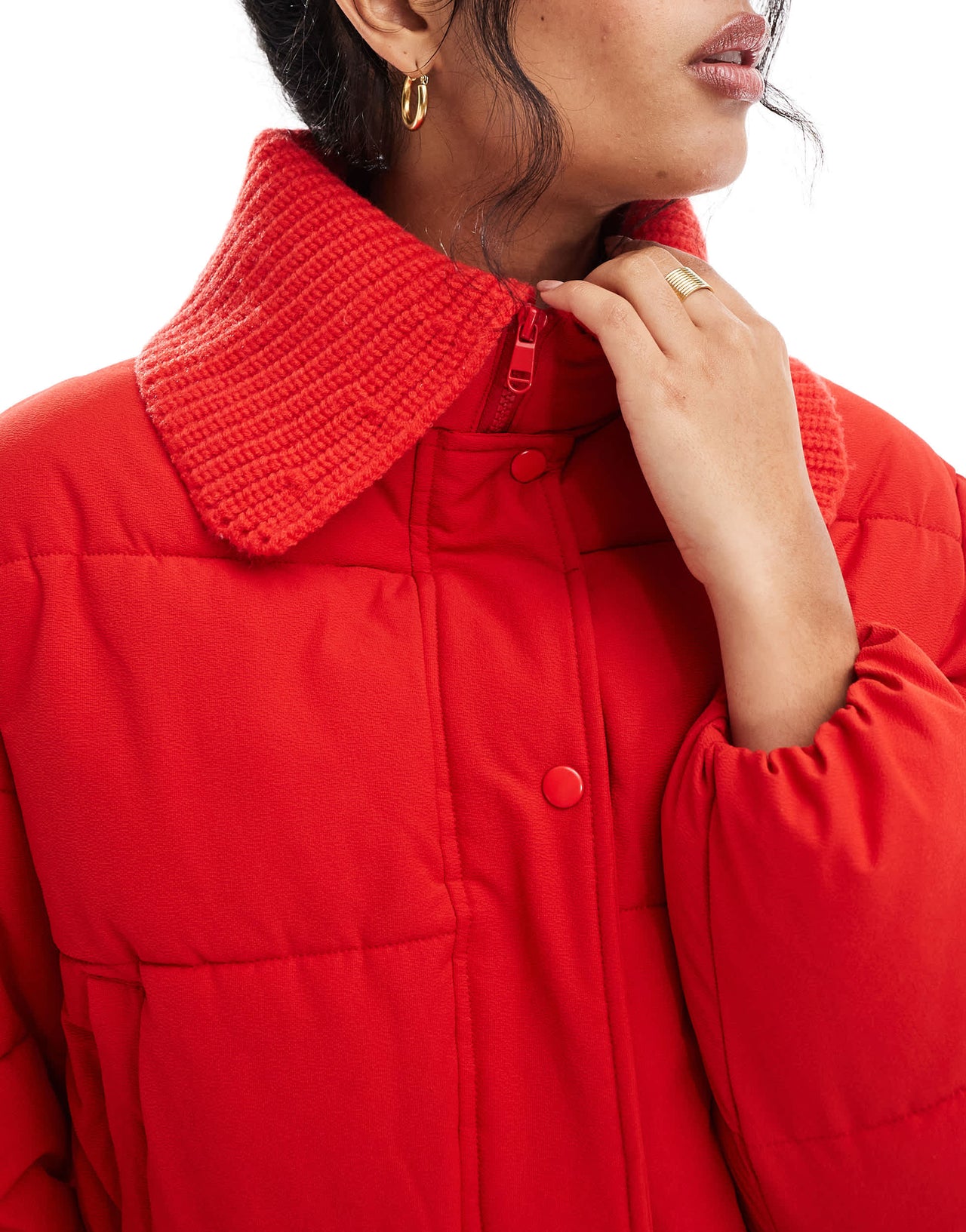 Cotton On puffer jacket with knitted collar in crimson red