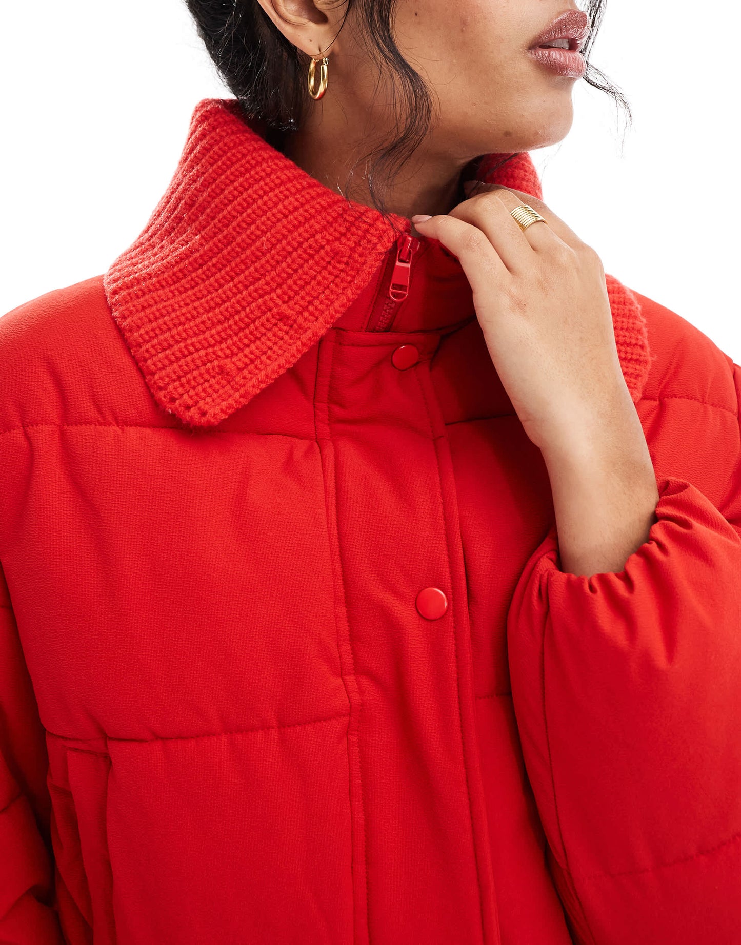 Cotton On puffer jacket with knitted collar in crimson red