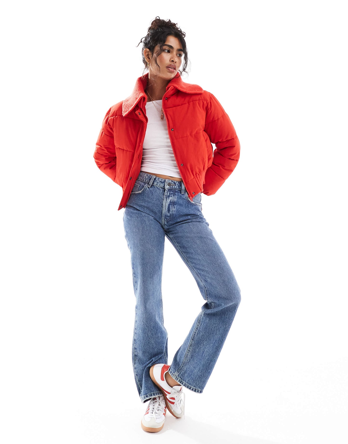 Cotton On puffer jacket with knitted collar in crimson red