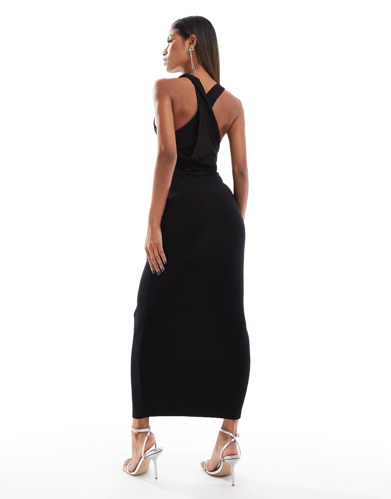 ASOS DESIGN twisted off shoulder midi dress with cross over neck strap detailing in black