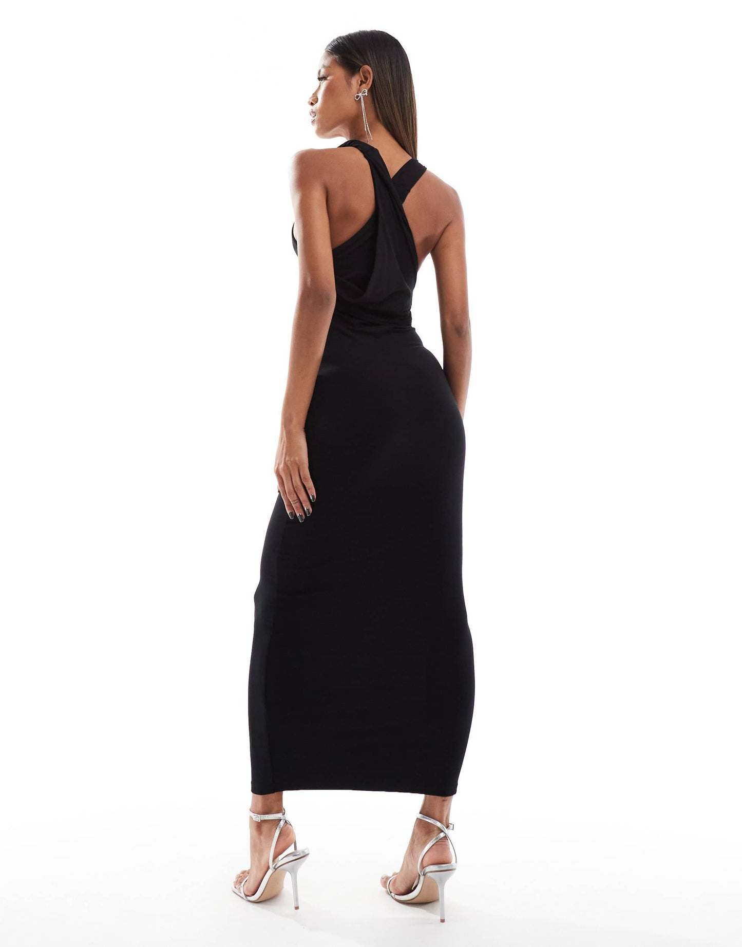 ASOS DESIGN twisted off shoulder midi dress with cross over neck strap detailing in black