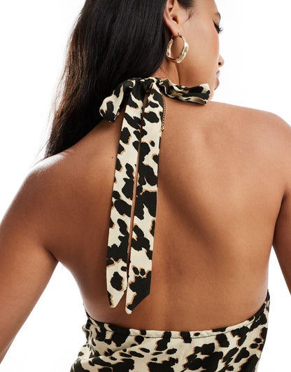 River Island animal print halterneck maxi dress in brown