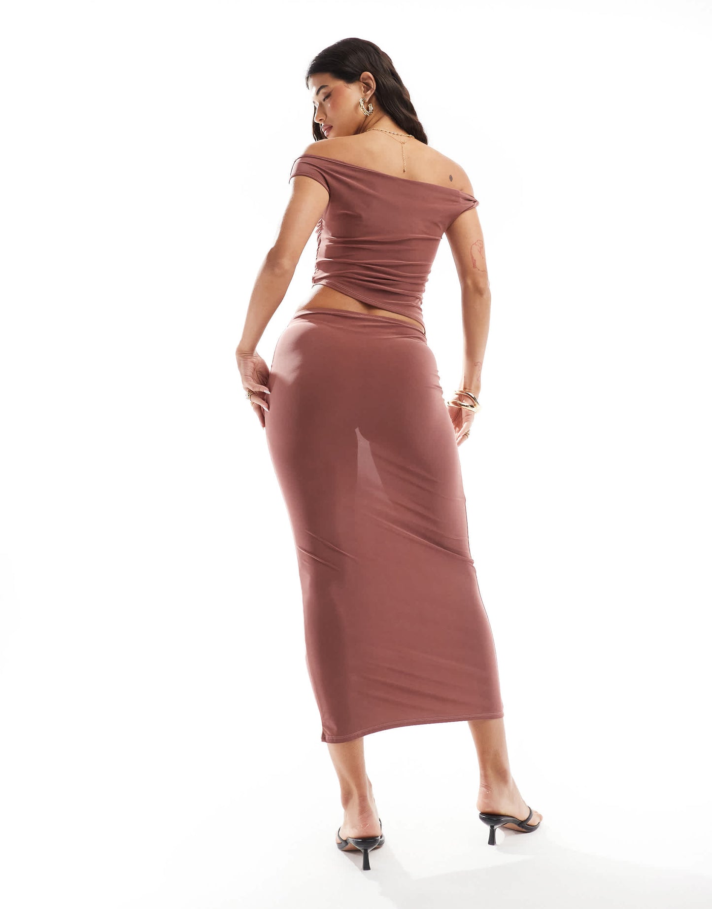 ASOS DESIGN co-ord slinky maxi skirt in brown