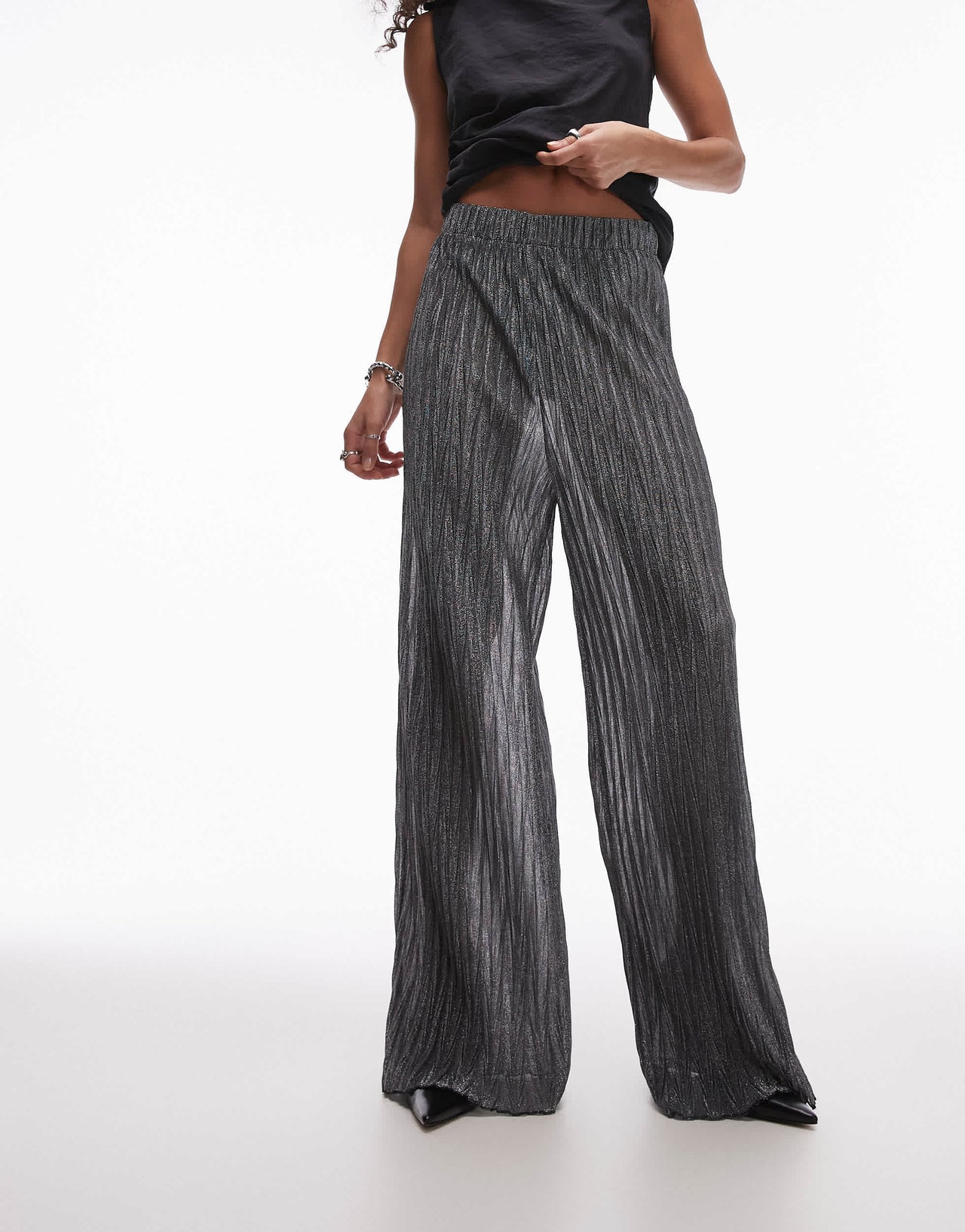 Topshop wide leg metallic sheer trousers in black and silver