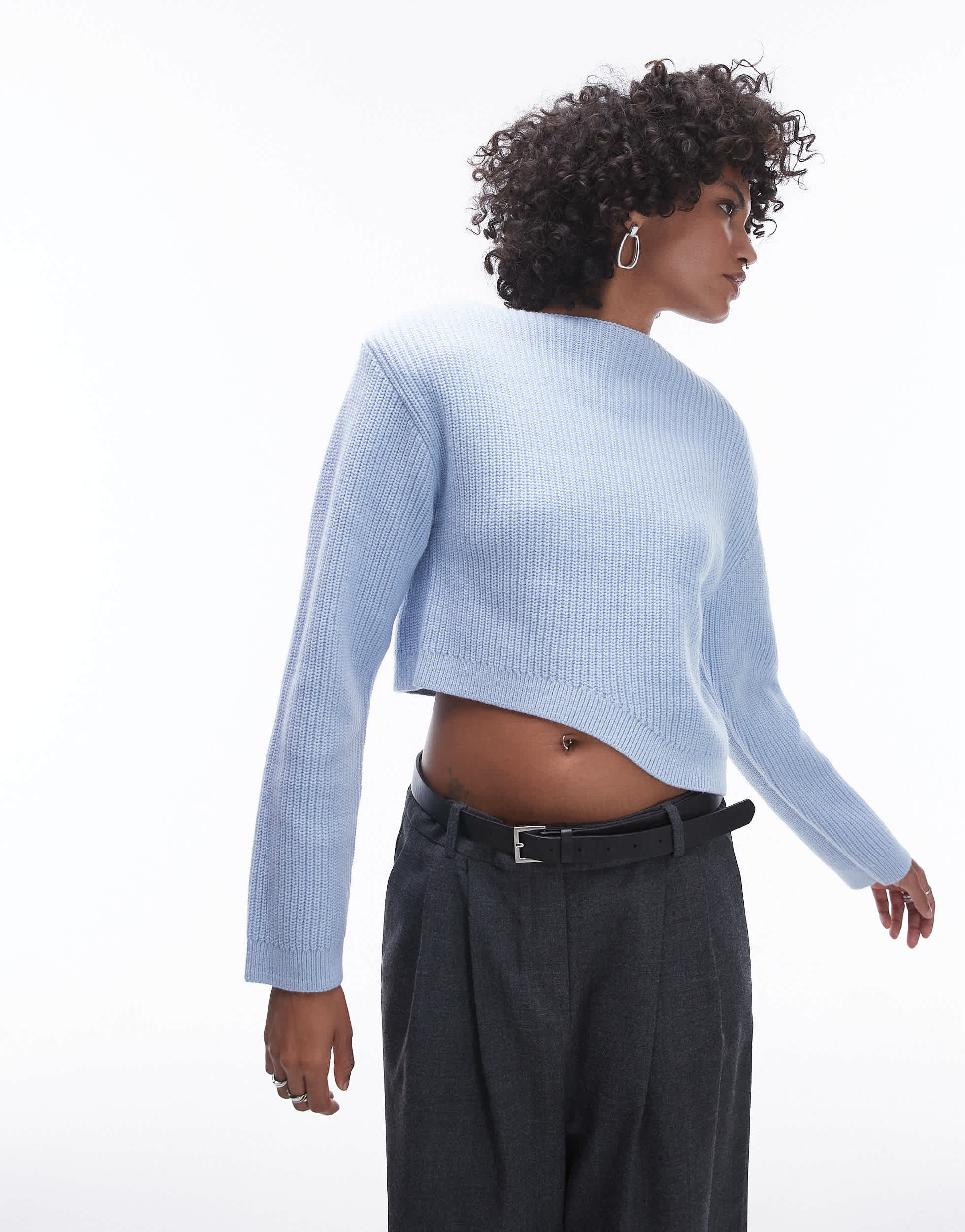 & Other Stories wool blend mixed rib sweater with bold shoulder and asymmetric detail in blue