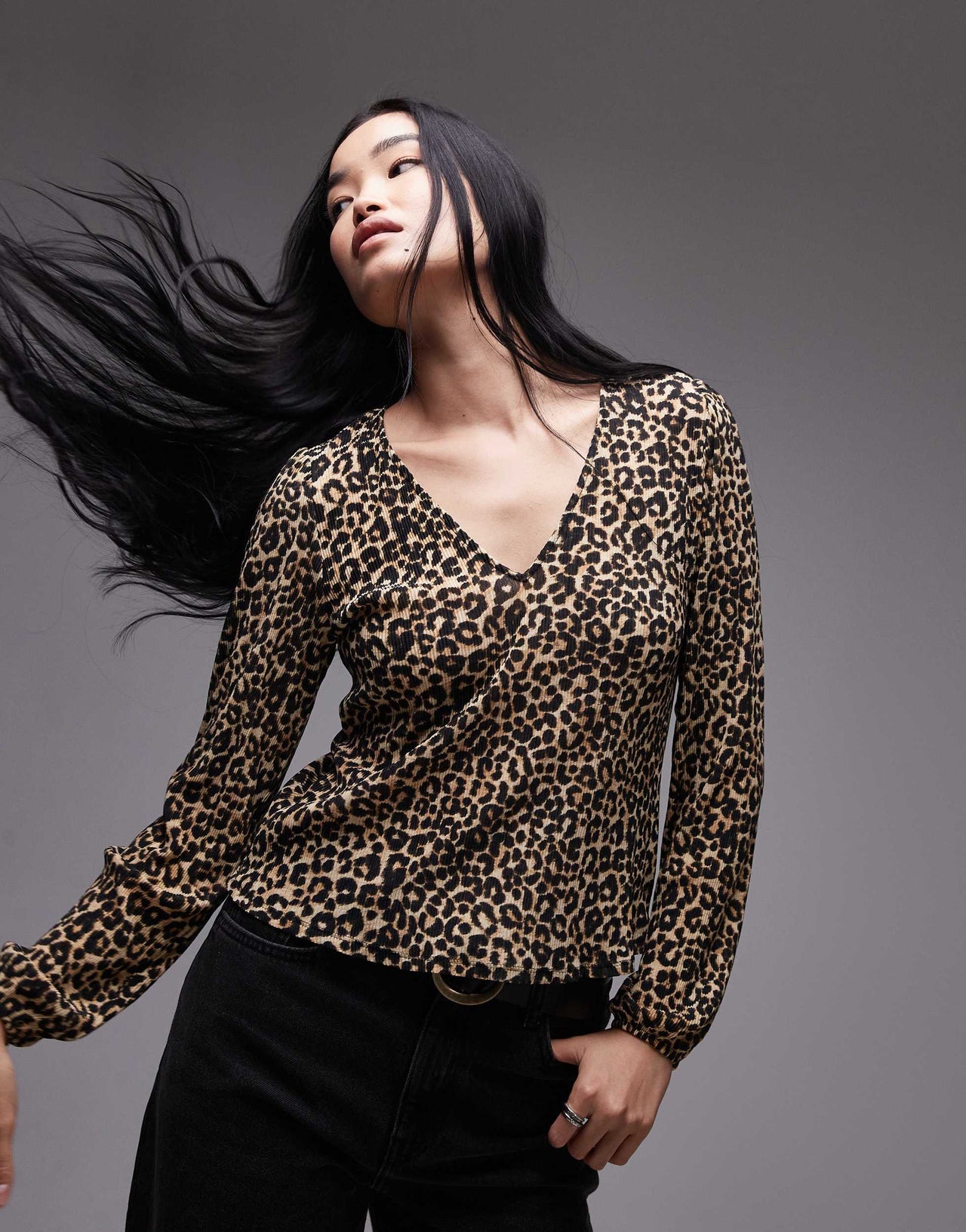 Mango v neck mini leopard print top in brown