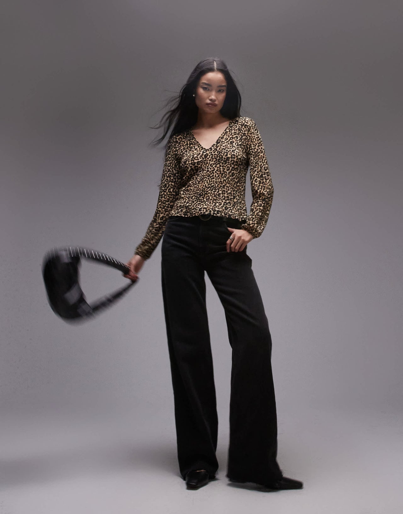 Mango v neck mini leopard print top in brown