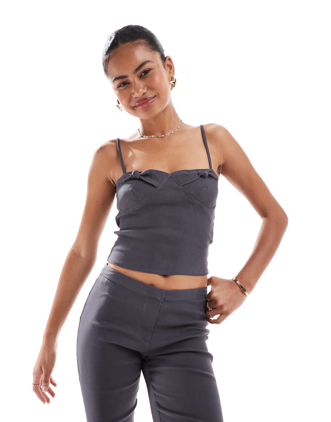 Motel katira bust detail cami top co-ord in charcoal