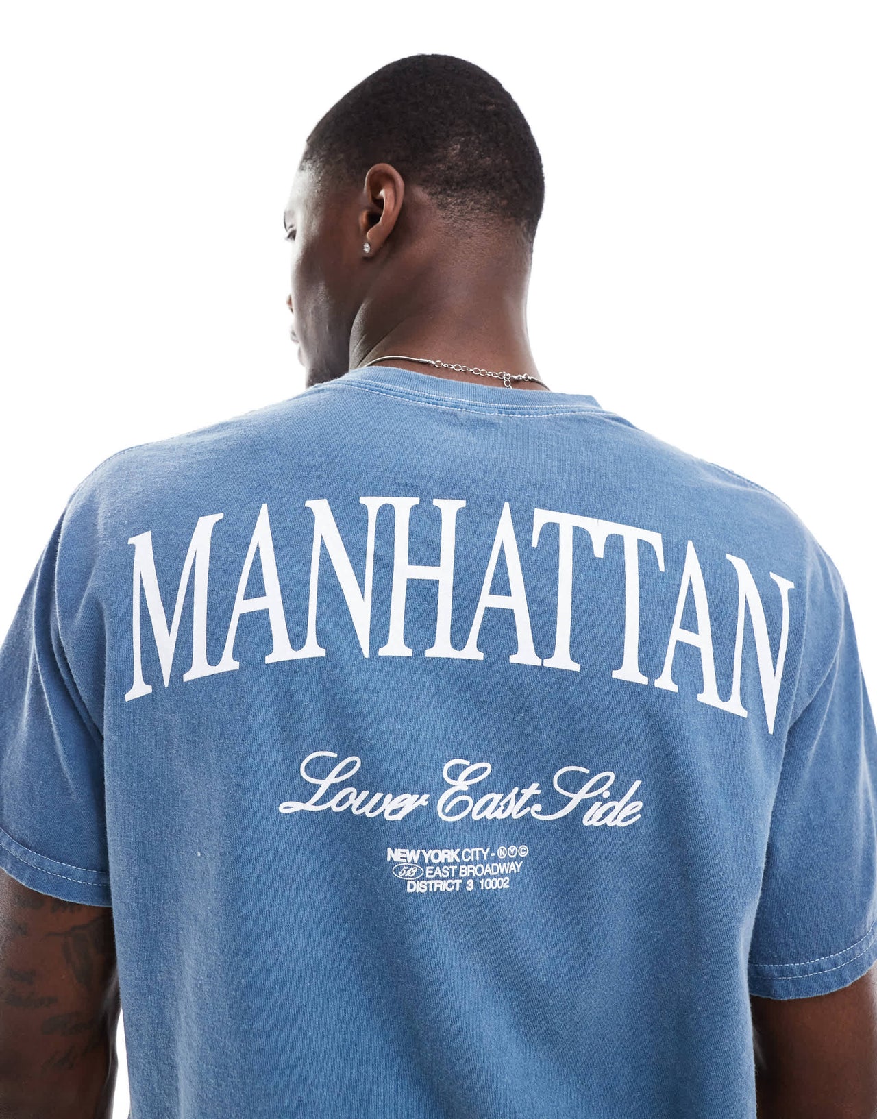 ASOS DESIGN oversized t-shirt with city text chest and back print in washed blue